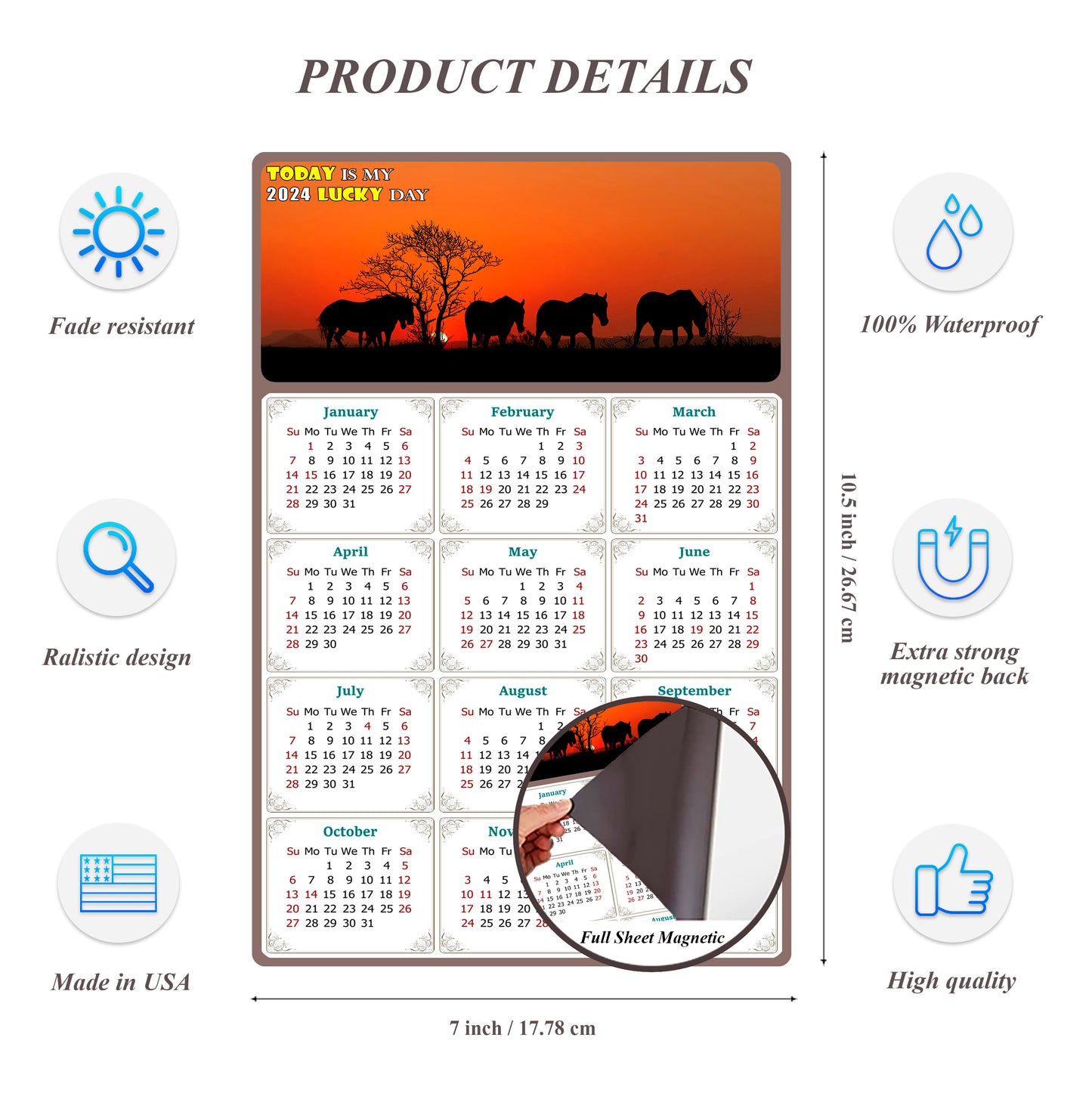 2024 Magnetic Calendar - Calendar Magnets - Today is my Lucky Day - (Fade, Tear, and Water Resistant) - Horses Themed 011