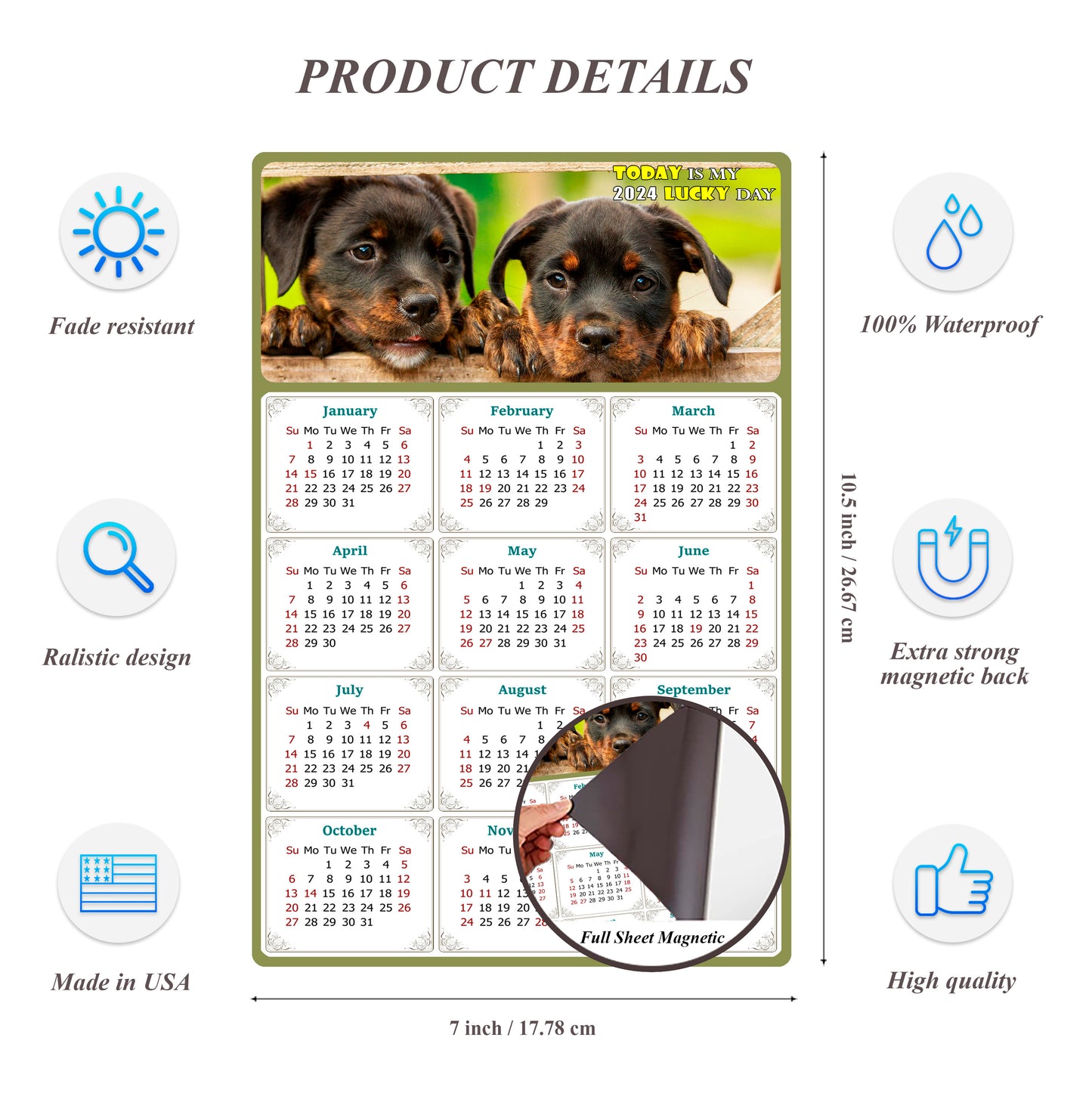 2024 Magnetic Calendar - Today is My Lucky Day (Fade, Tear, and Water Resistant)- Dogs Themed 04