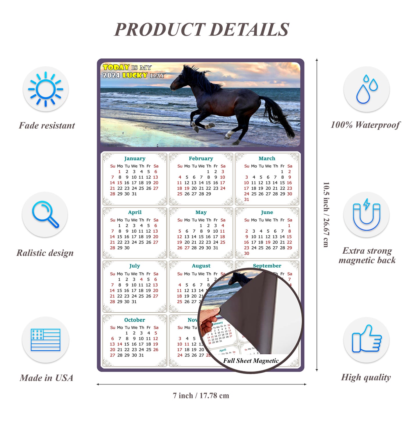 2024 Magnetic Calendar - Calendar Magnets - Today is my Lucky Day - (Fade, Tear, and Water Resistant) - Horses Themed 015