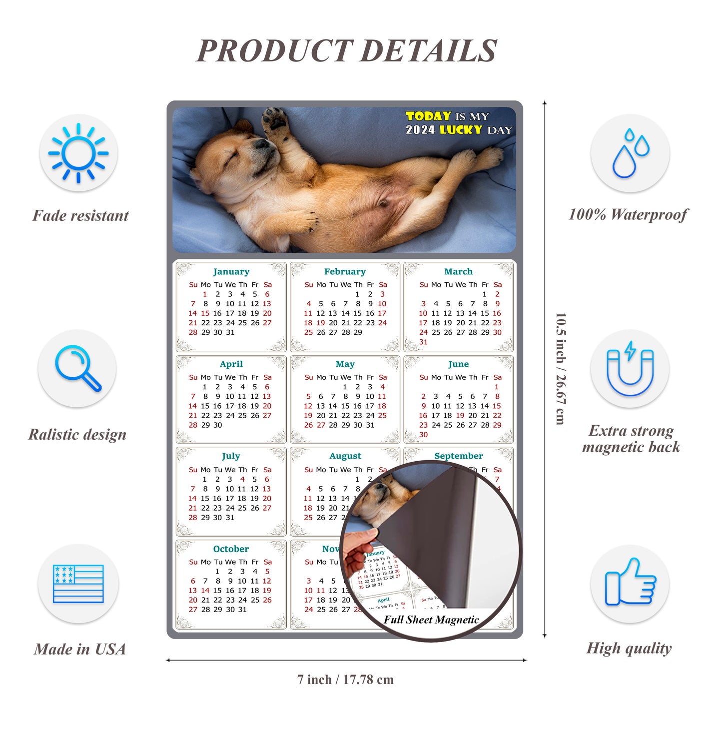 2024 Magnetic Calendar - Today is My Lucky Day (Fade, Tear, and Water Resistant)- Dogs Themed 013