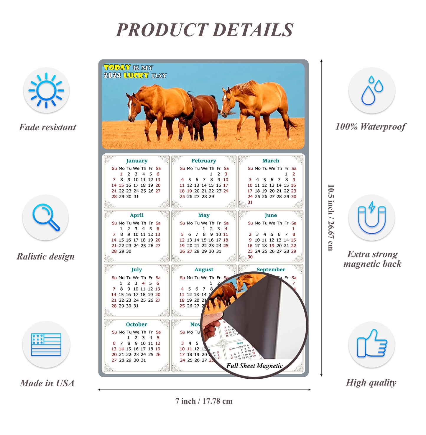 2024 Magnetic Calendar - Calendar Magnets - Today is my Lucky Day - (Fade, Tear, and Water Resistant) - Horses Themed 017