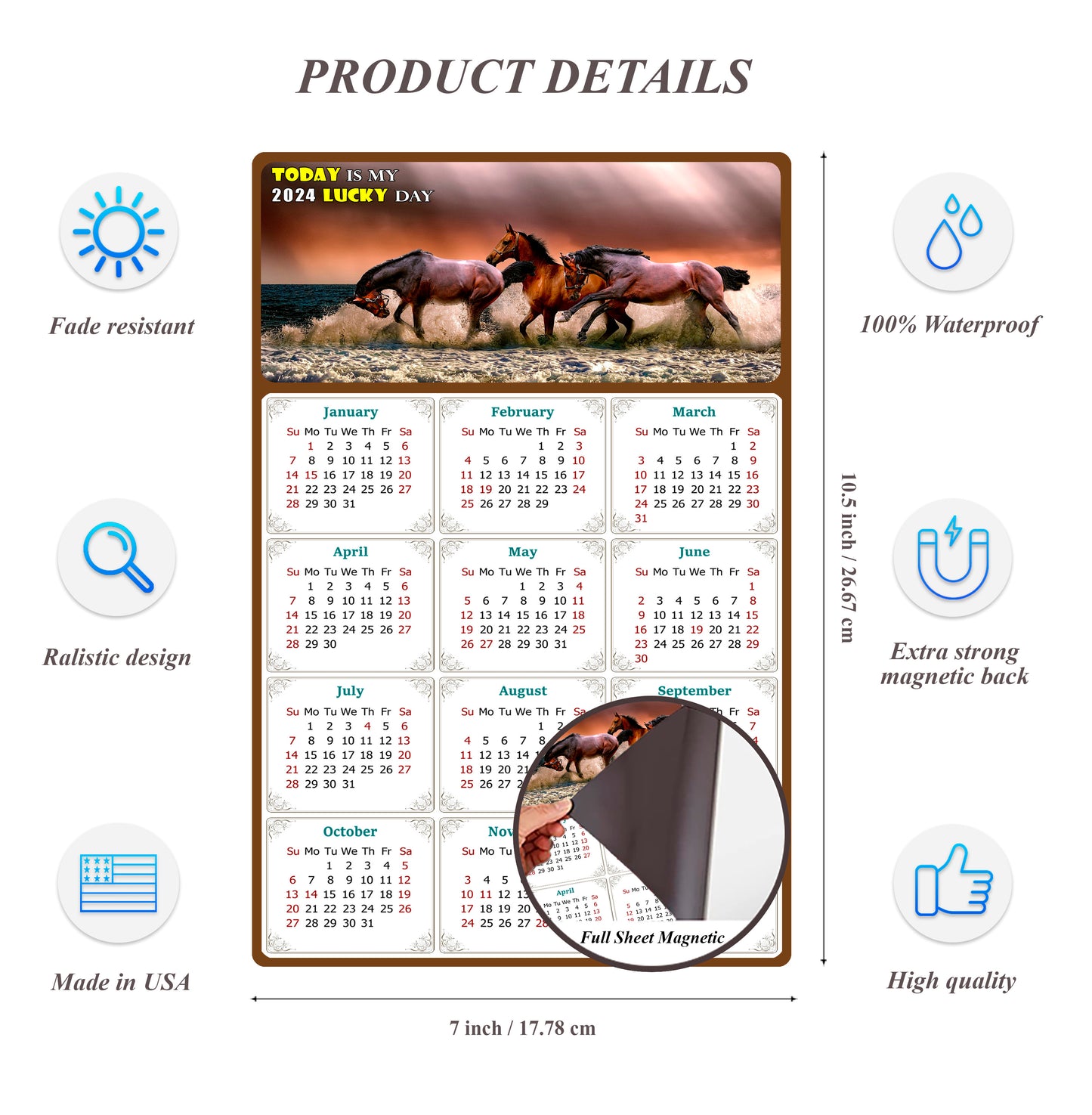 2024 Magnetic Calendar - Calendar Magnets - Today is my Lucky Day - (Fade, Tear, and Water Resistant) - Horses Themed 01