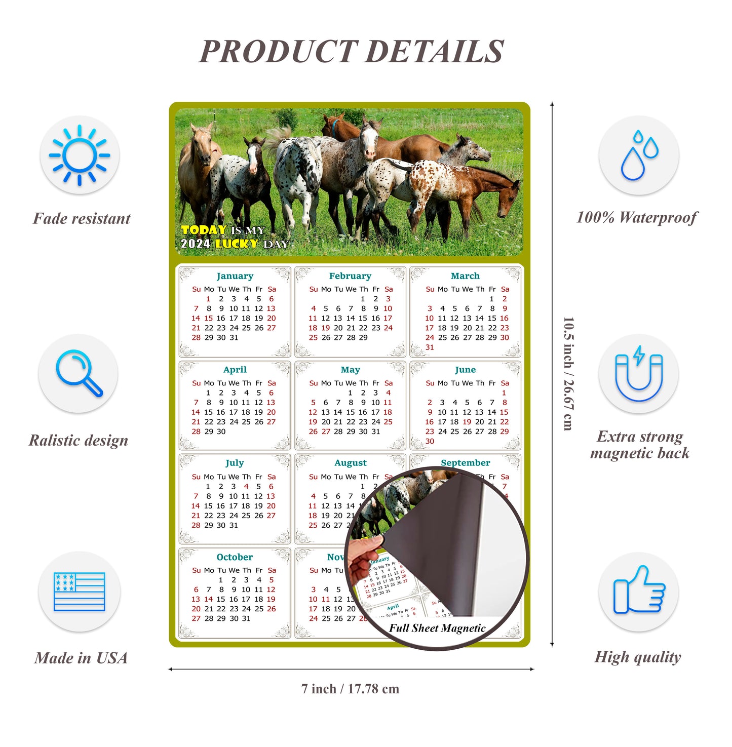 2024 Magnetic Calendar - Calendar Magnets - Today is my Lucky Day - (Fade, Tear, and Water Resistant) - Horses Themed 02
