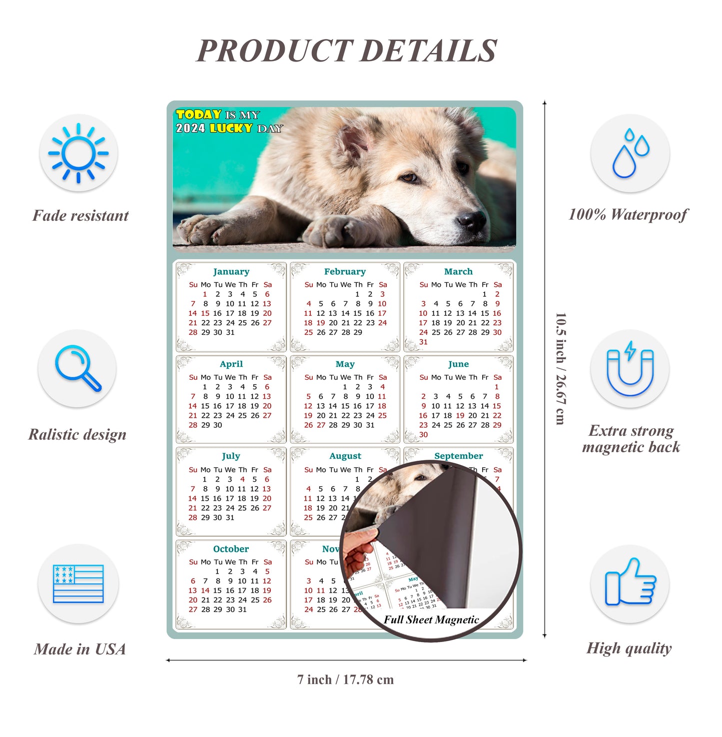 2024 Magnetic Calendar - Today is My Lucky Day (Fade, Tear, and Water Resistant)- Dogs Themed 015