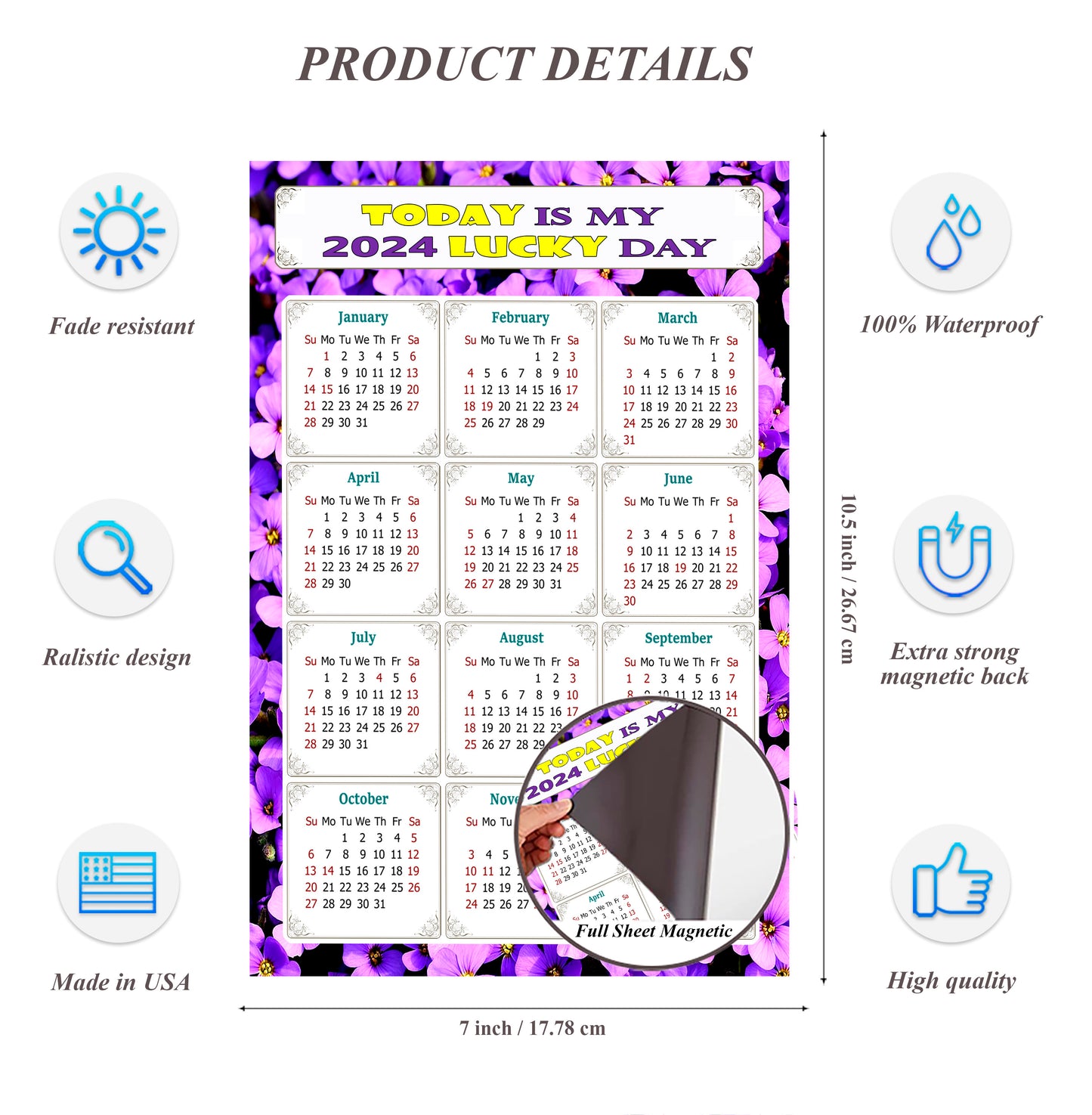 2024 Magnetic Calendar - Calendar Magnets - Today is my Lucky Day - (Fade, Tear, and Water Resistant) - Themed 026