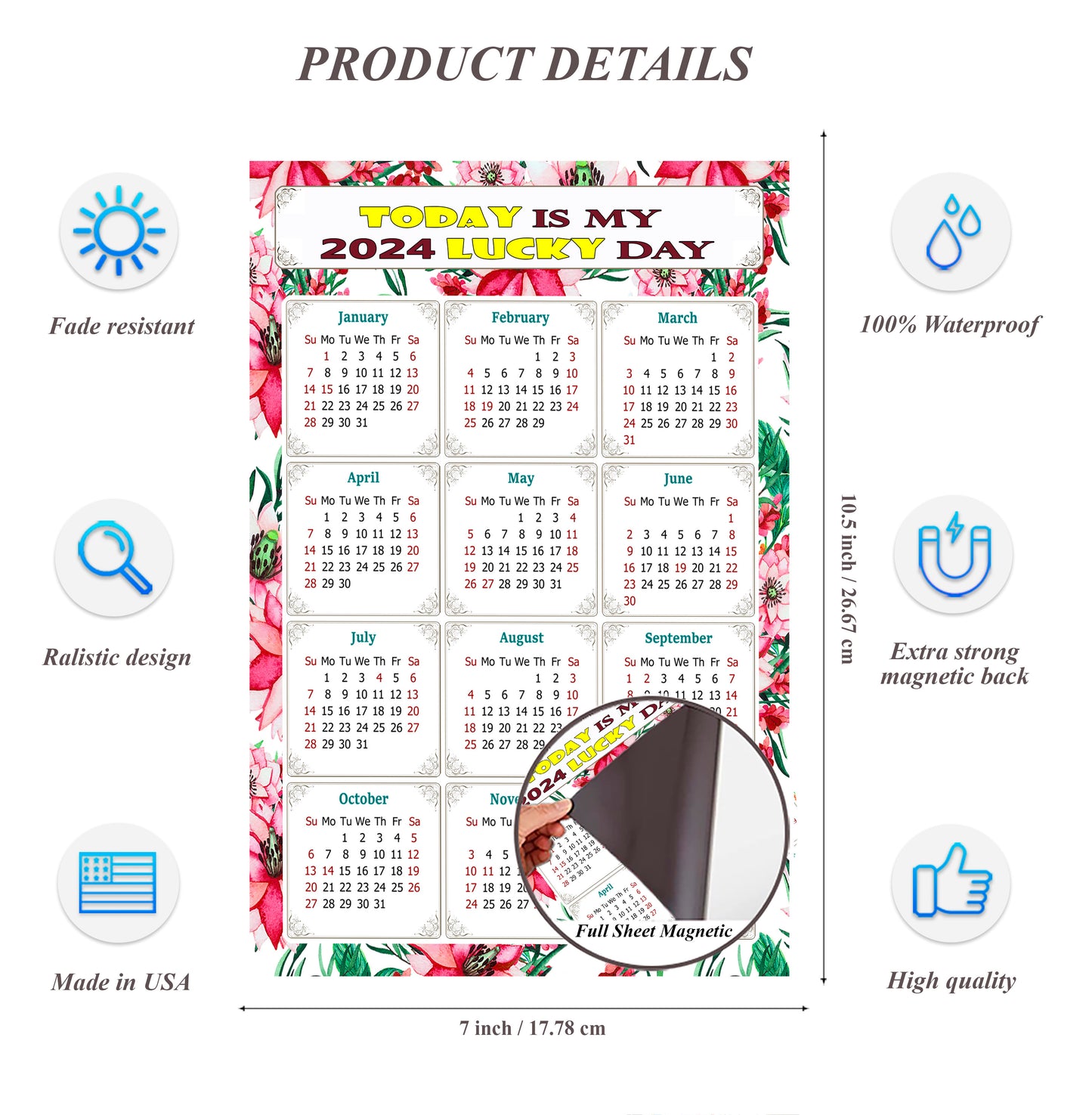 2024 Magnetic Calendar - Calendar Magnets - Today is my Lucky Day - (Fade, Tear, and Water Resistant) - Themed 018