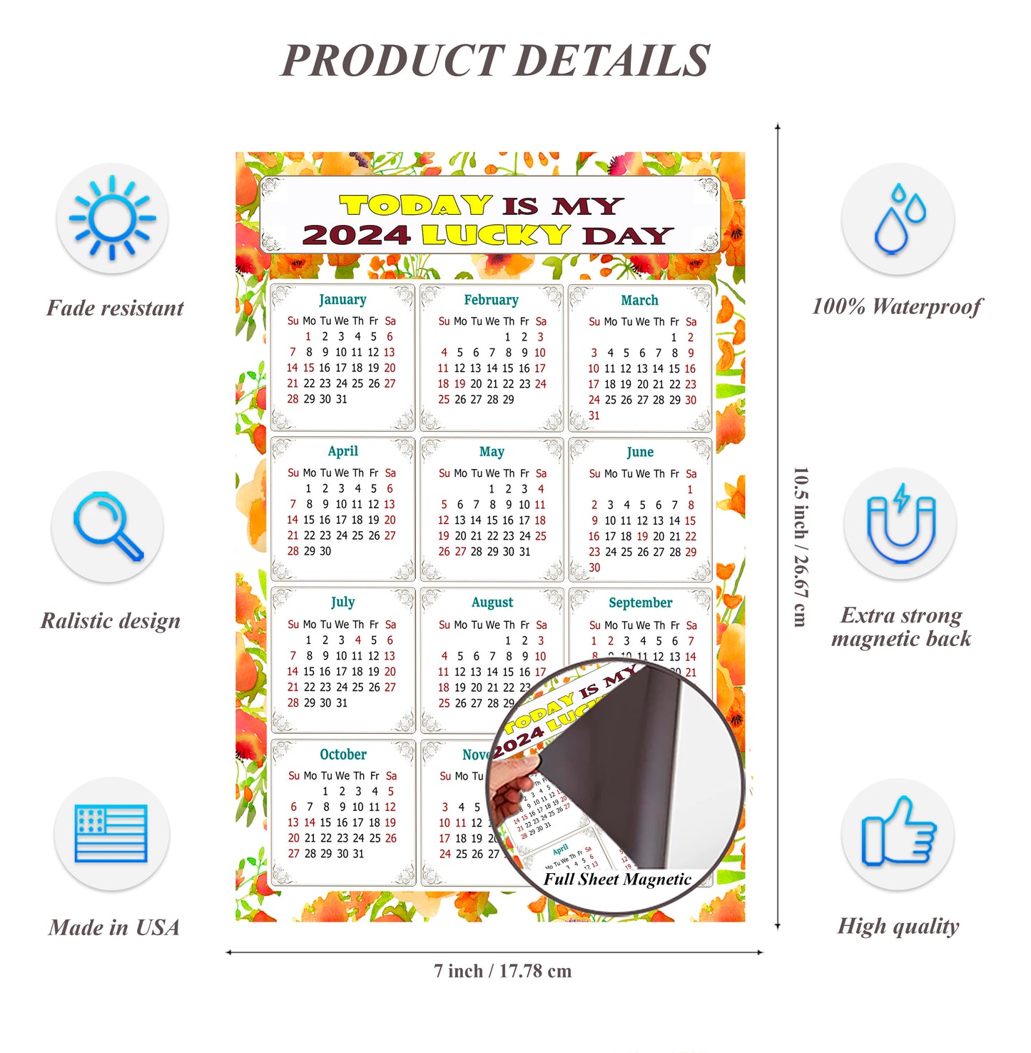 2024 Magnetic Calendar - Calendar Magnets - Today is my Lucky Day - (Fade, Tear, and Water Resistant) - Themed 021