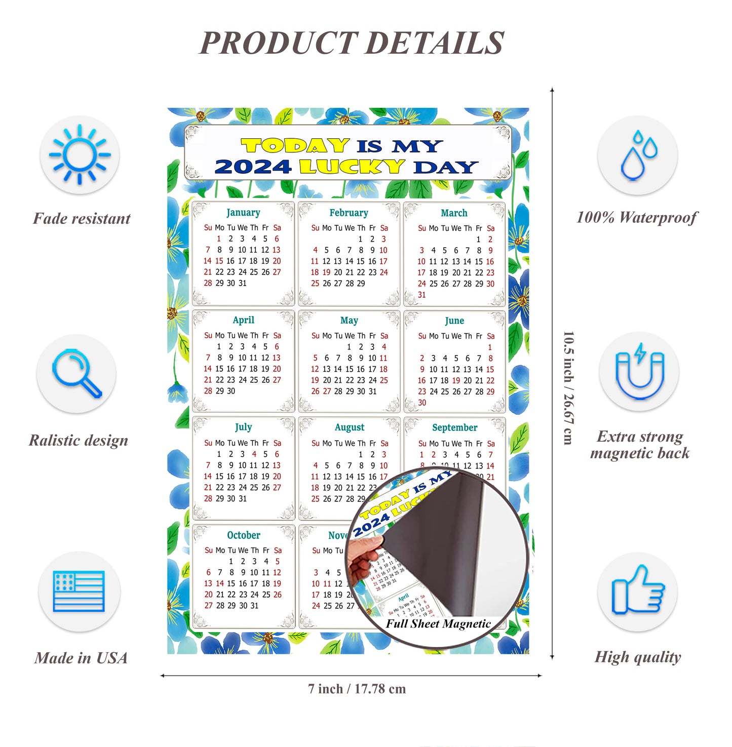 2024 Magnetic Calendar - Calendar Magnets - Today is my Lucky Day - (Fade, Tear, and Water Resistant) - Themed 014