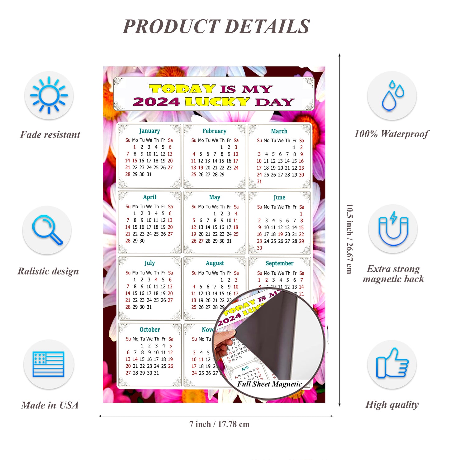 2024 Magnetic Calendar - Calendar Magnets - Today is my Lucky Day - (Fade, Tear, and Water Resistant) - Themed 032