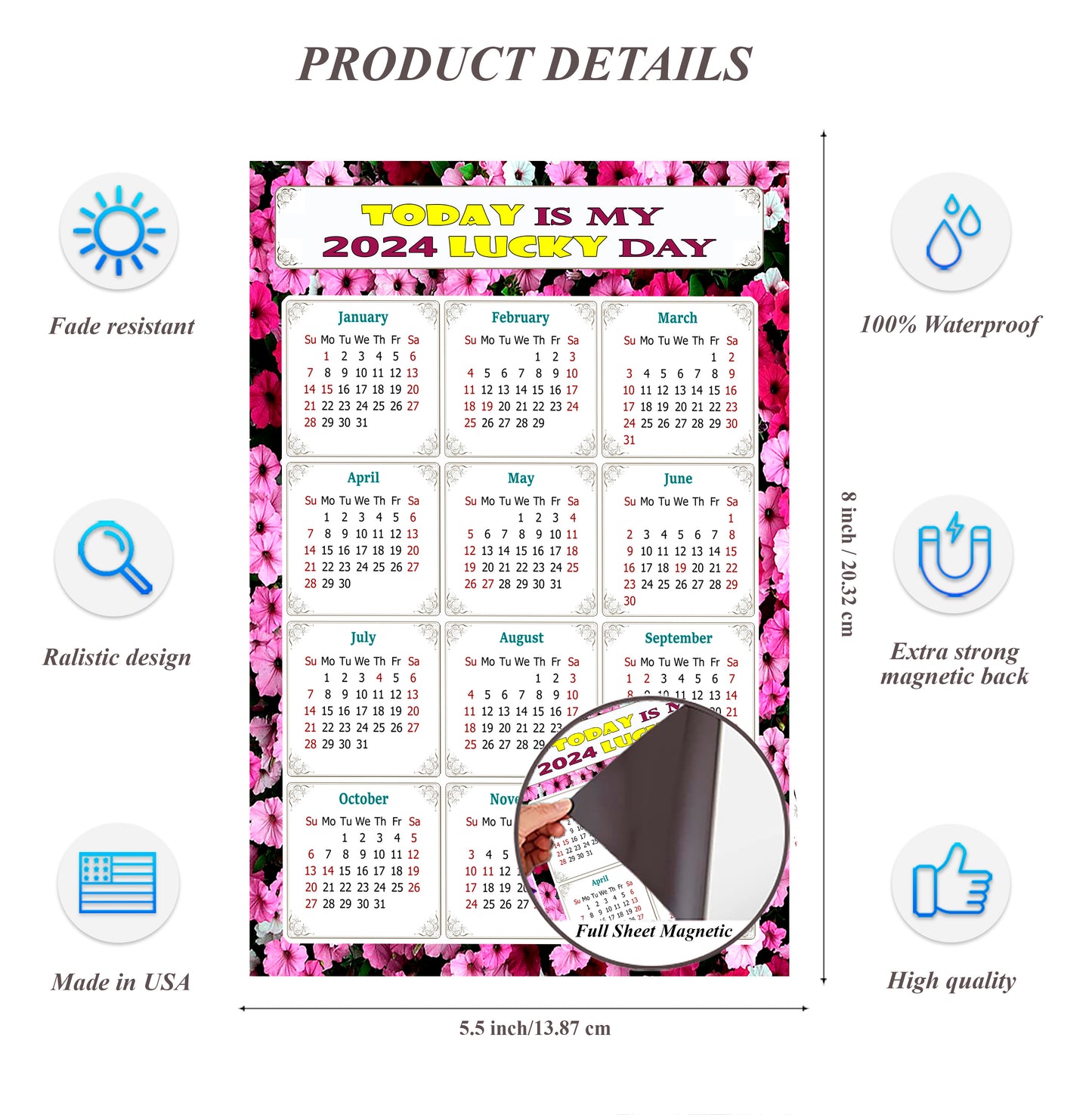 2024 Magnetic Calendar - Calendar Magnets - Today is my Lucky Day - (Fade, Tear, and Water Resistant) - Themed 027