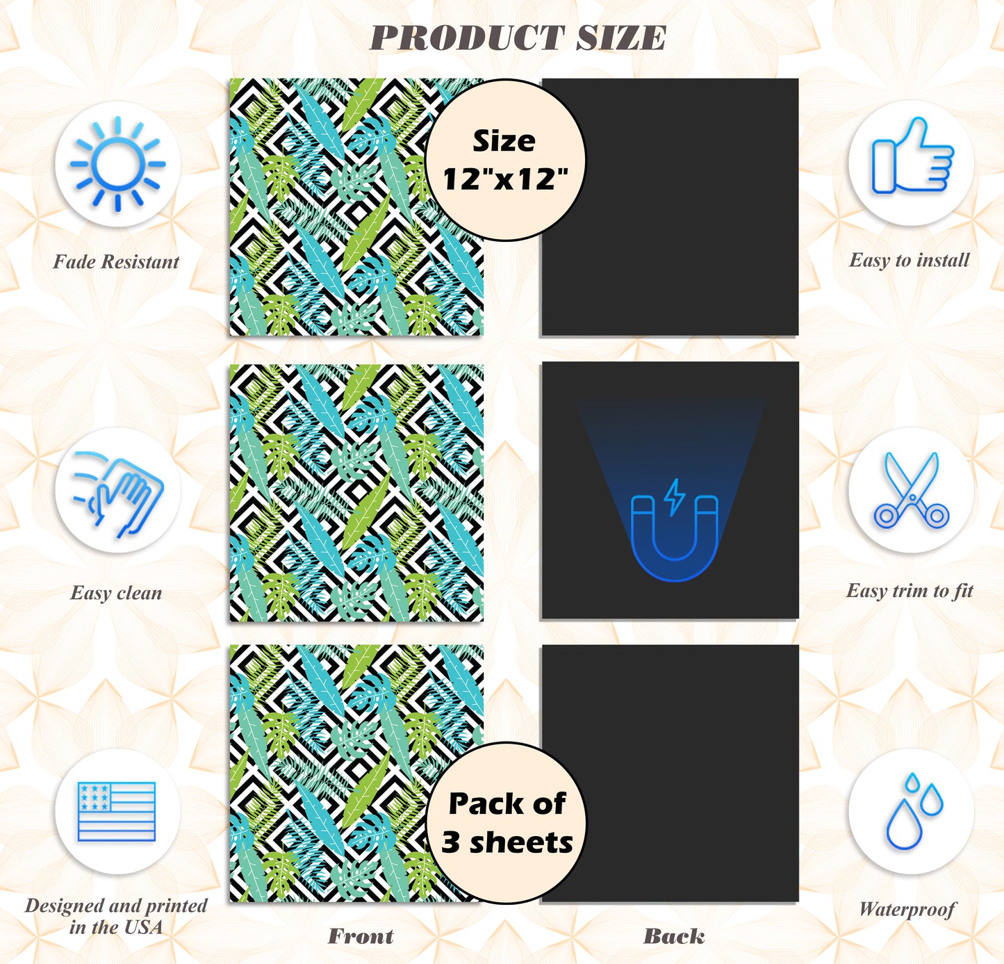 Deluxe School Locker Magnetic Wallpaper (Full sheet Magnetic) - Full Cover Standard Half Lockers - Trimmable, Easy Install, Remove & Reuse - Pack of 12 Sheets - (Tropical Leaves & Geometric vr47)