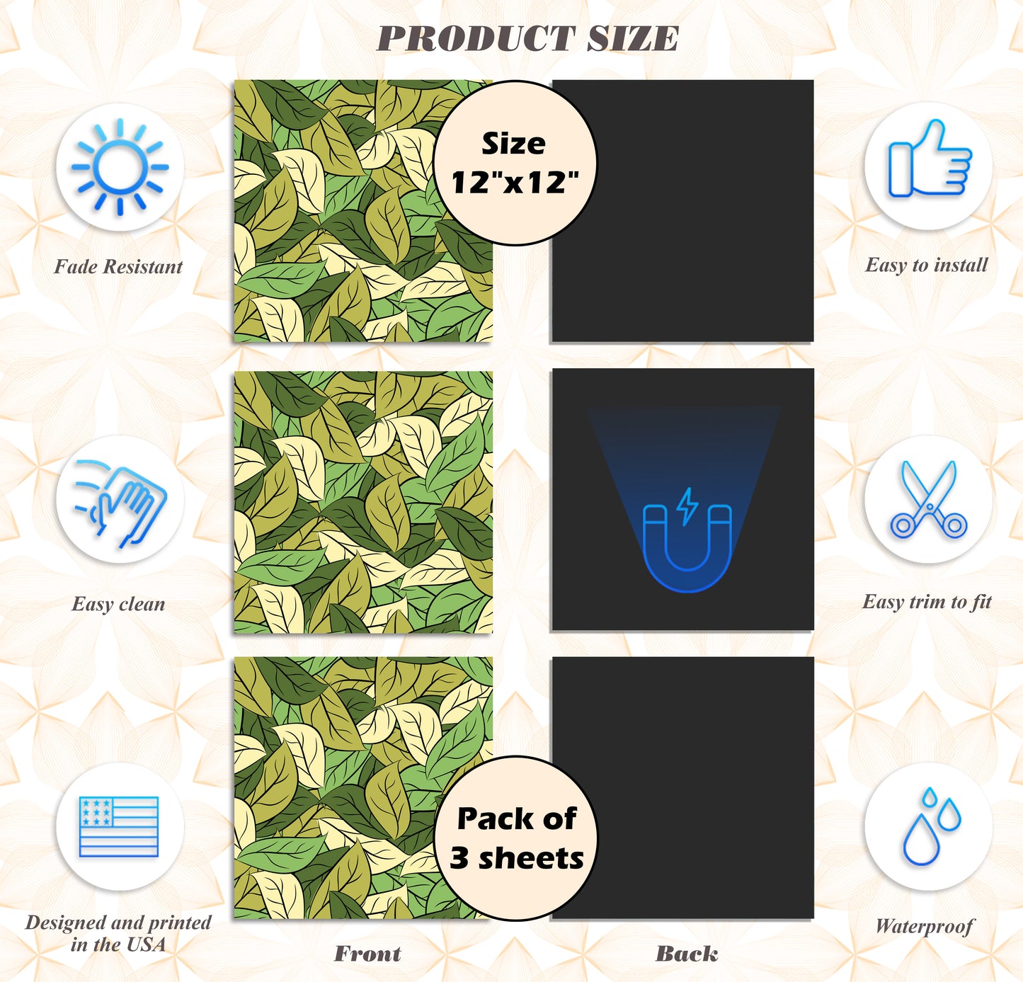 PELICAN INDUSTRIAL Deluxe School Locker Magnetic Wallpaper (Full Sheet Magnetic) - Full Cover Standard Half Lockers - Trimmable, Easy Install, Remove & Reuse - Pack of 12 Sheets - (Green Leaves vr51)