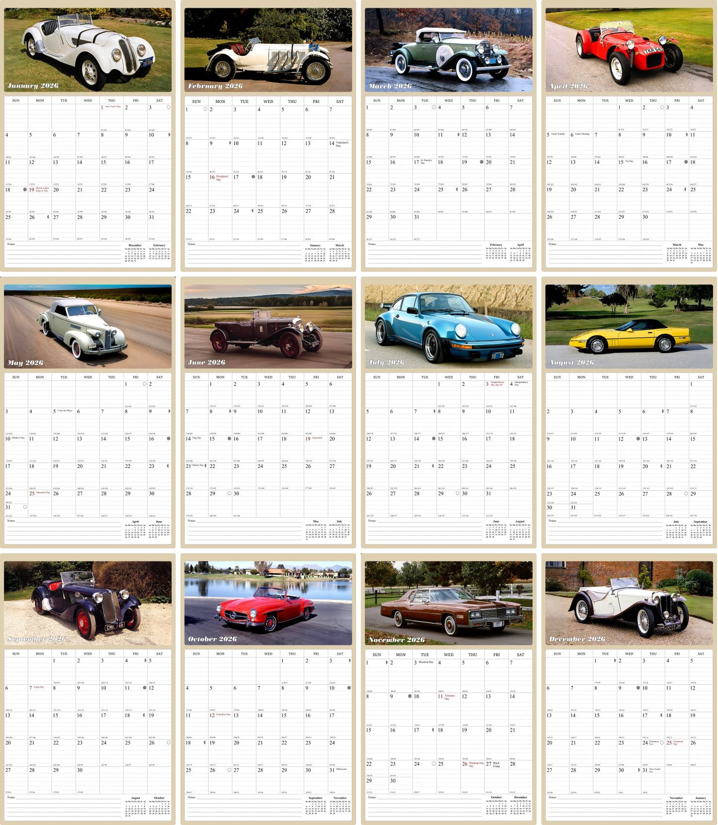 2026 Wall Calendar Spiral-bound Twin-Wire Binding - 12 Months Planner - Large Ruled Blocks with Julian Dates - (Classic Cars)