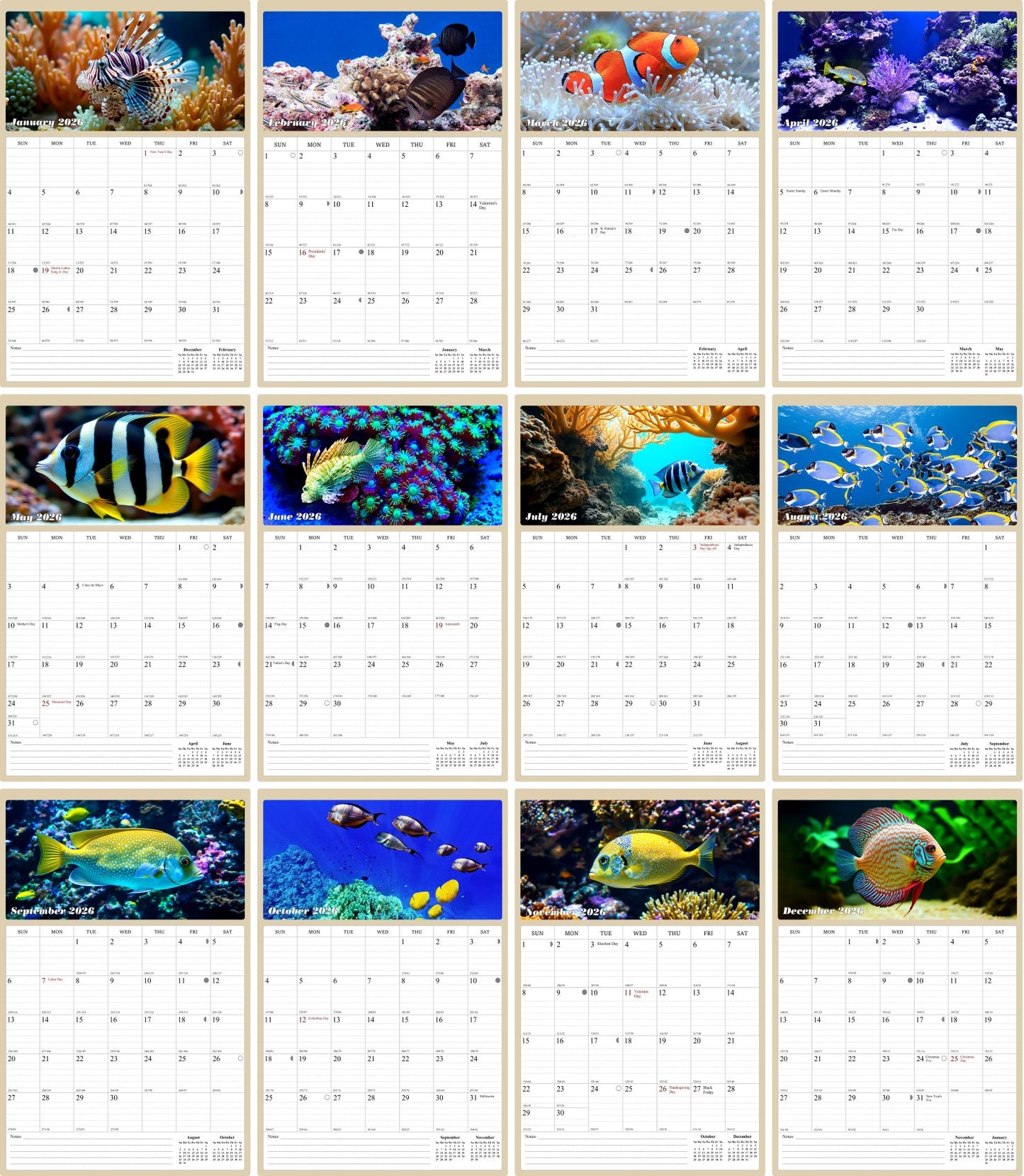 2026 Wall Calendar Spiral-bound Twin-Wire Binding - 12 Months Planner - Large Ruled Blocks with Julian Dates - (Tropical Fishes)
