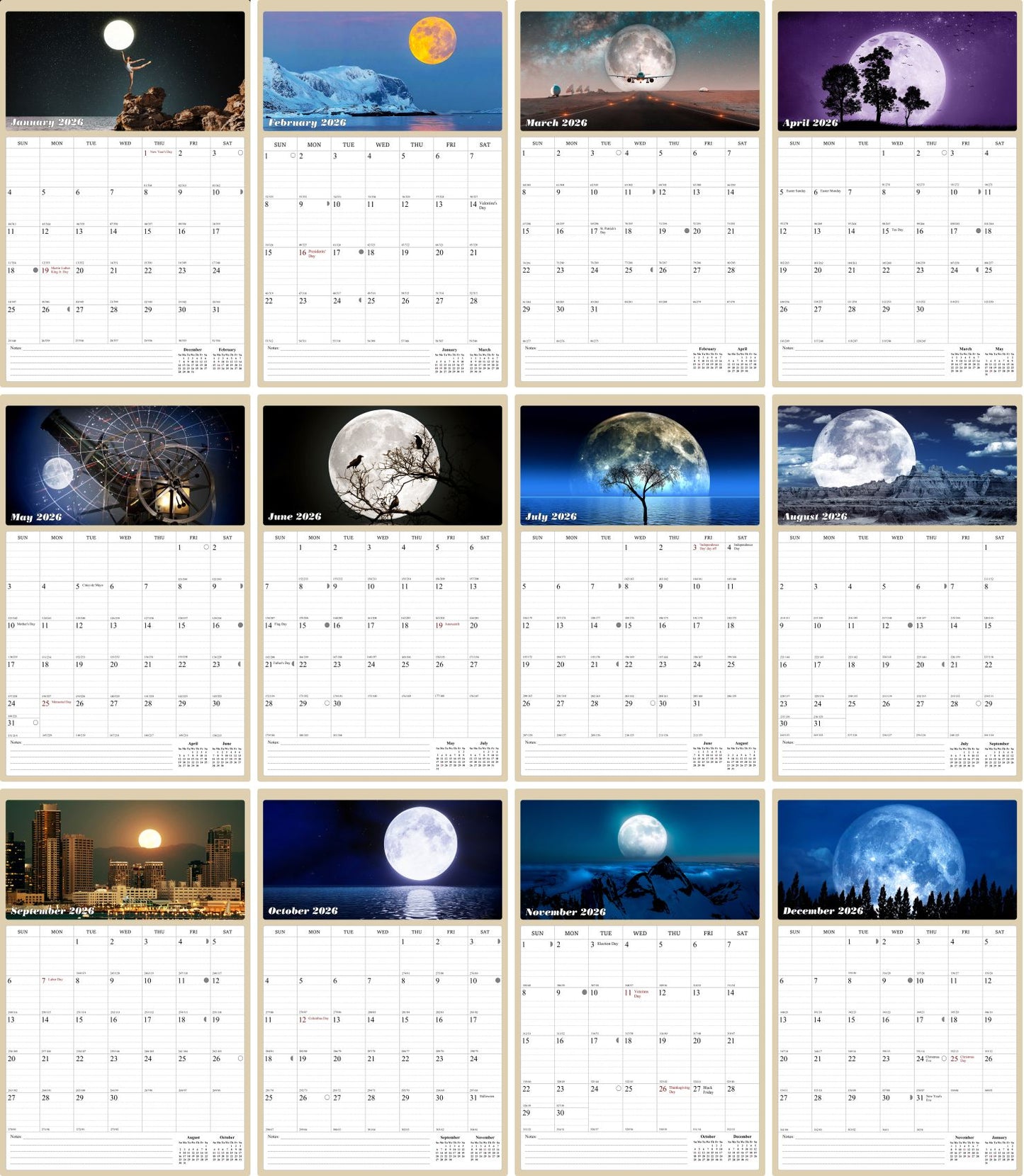 2026 Wall Calendar Spiral-bound Twin-Wire Binding - 12 Months Planner - Large Ruled Blocks with Julian Dates - (Lunar)