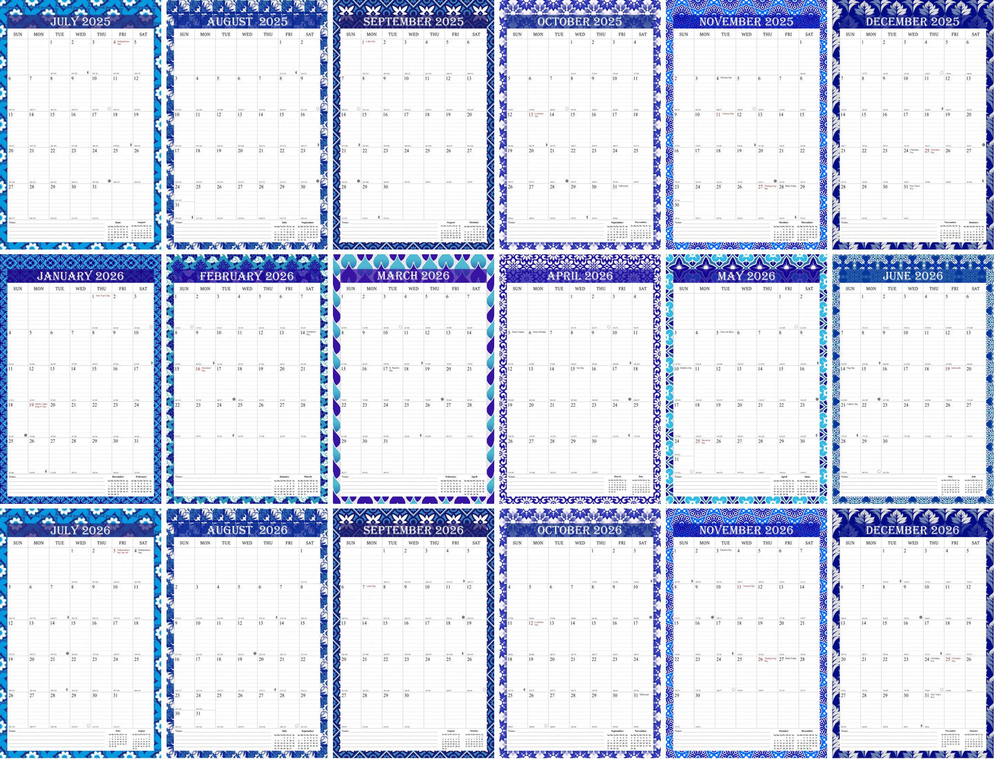 2025-2026 Wall Calendar Spiral-bound Twin-Wire Binding - 18 Months 11" x 17" 014