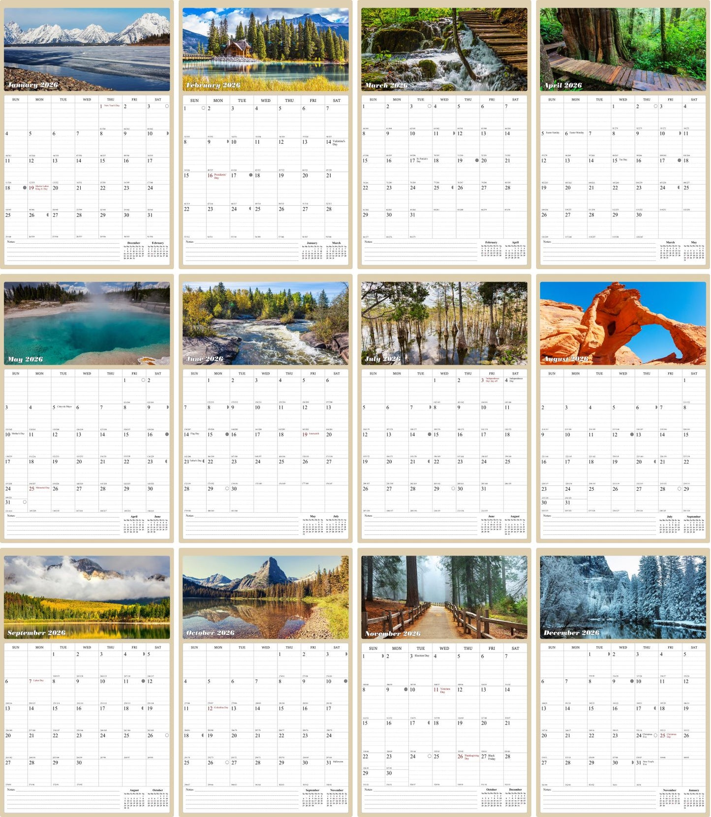 2026 Wall Calendar Spiral-bound Twin-Wire Binding - 12 Months Planner - Large Ruled Blocks with Julian Dates - (National Parks)