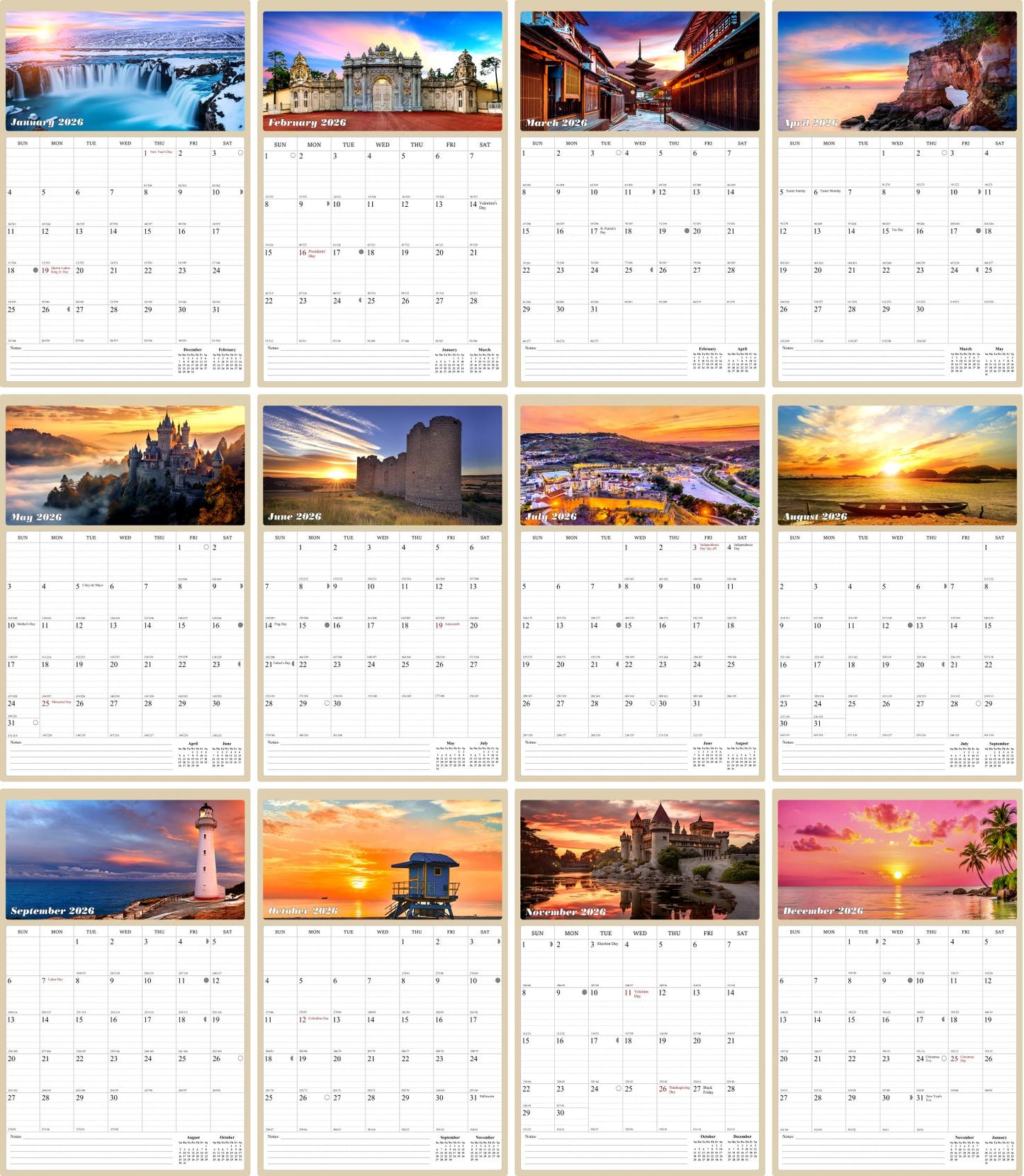 2026 Wall Calendar Spiral-bound Twin-Wire Binding - 12 Months Planner - Large Ruled Blocks with Julian Dates - (Sunset&Sunrise)