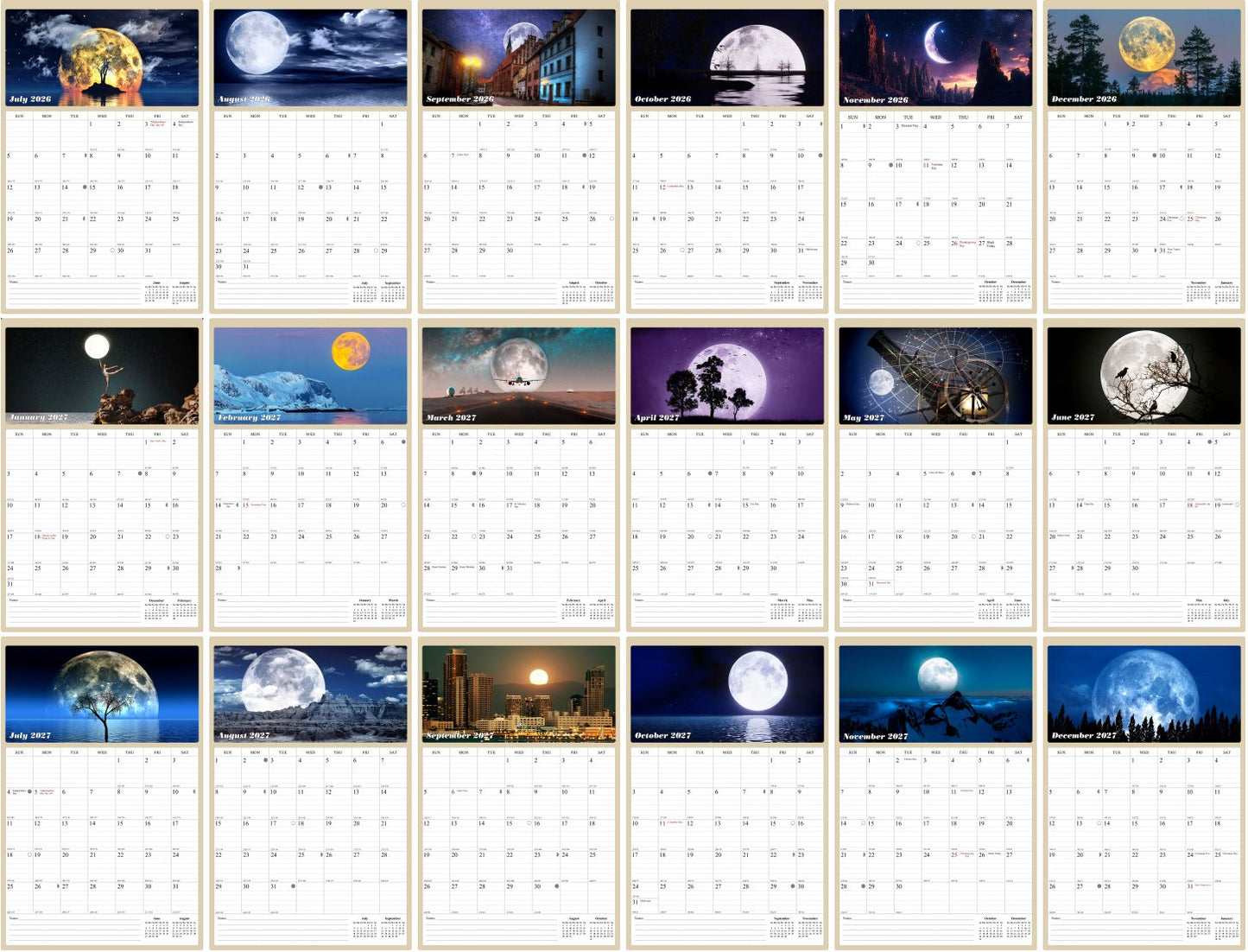 2026 - 2027 Wall Calendar Spiral-bound Twin-Wire Binding - 18 Months Planner - Large Ruled Blocks with Julian Dates - (Lunar)