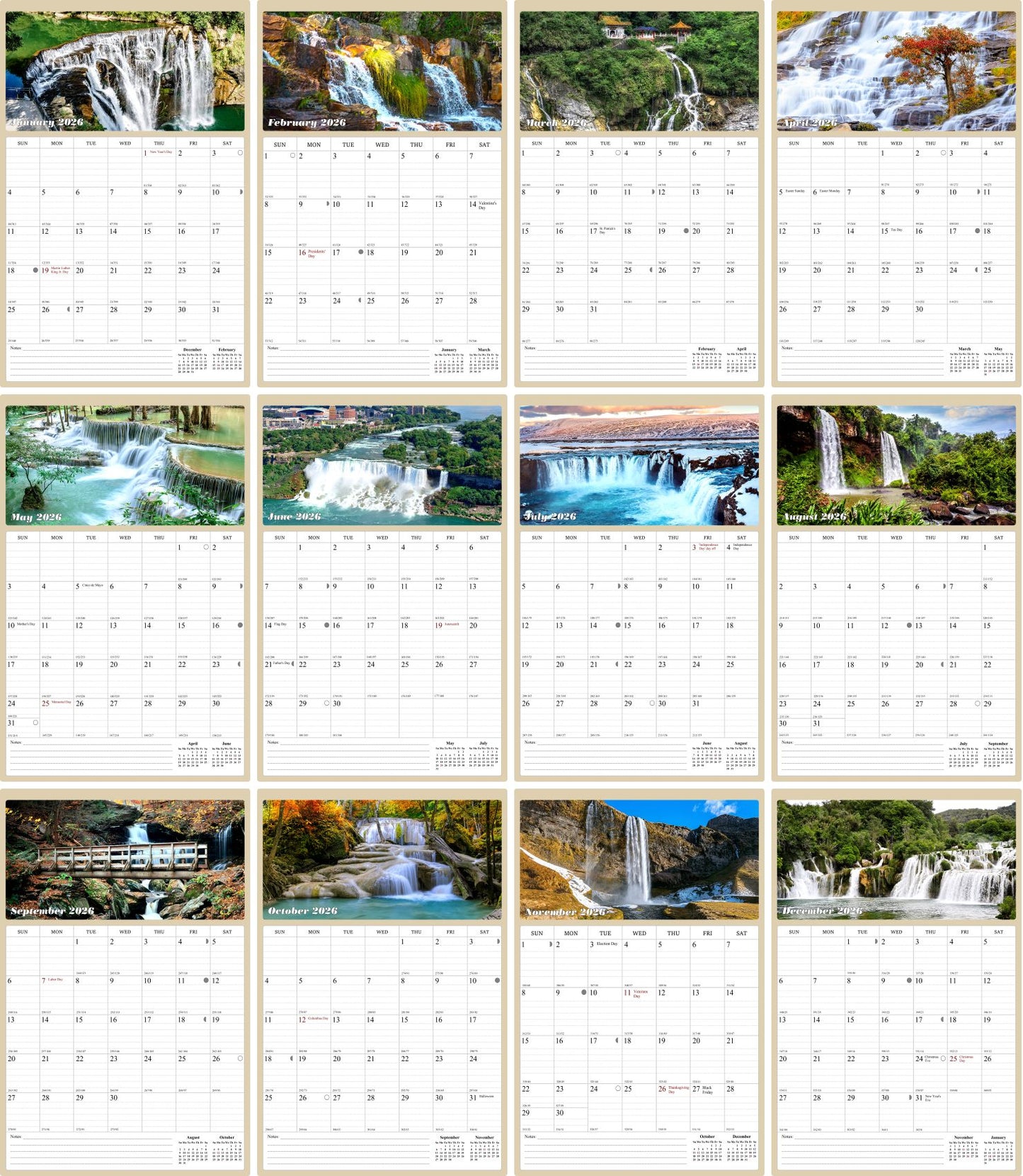 2026 Wall Calendar Spiral-bound Twin-Wire Binding - 12 Months Planner - Large Ruled Blocks with Julian Dates - (Waterfalls)