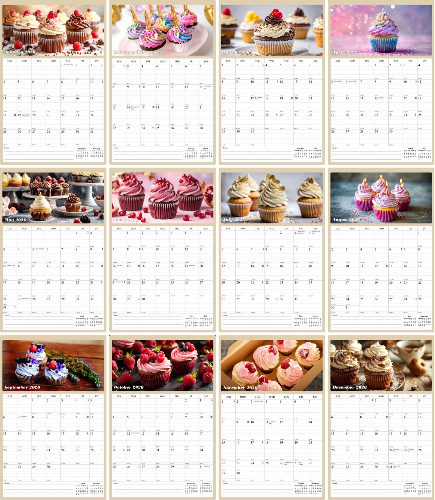 2026 Wall Calendar Spiral-bound Twin-Wire Binding - 12 Months Planner - Large Ruled Blocks with Julian Dates - (Cupcakes)