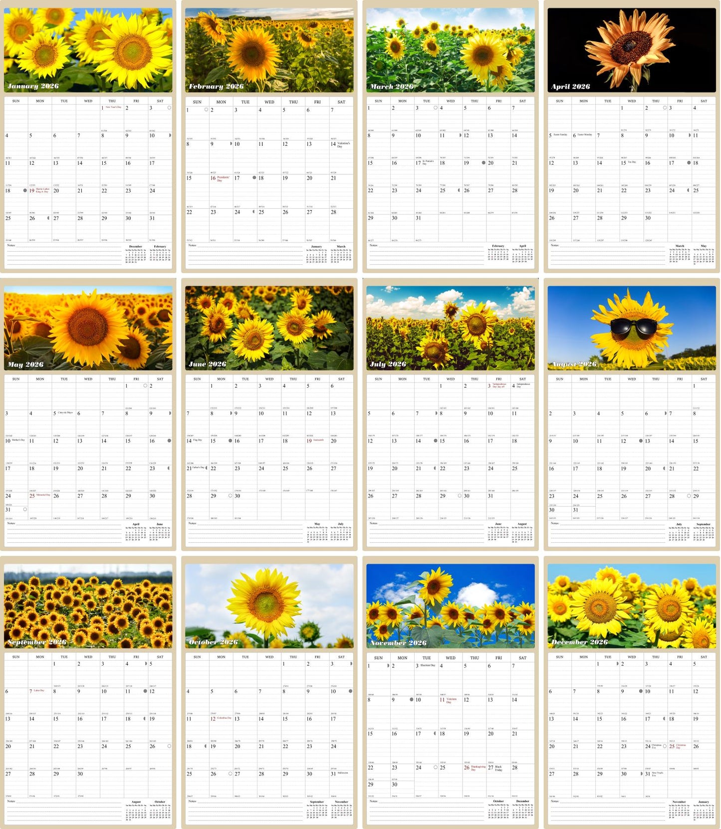 2026 Wall Calendar Spiral-bound Twin-Wire Binding - 12 Months Planner - Large Ruled Blocks with Julian Dates - (Sunflowers)