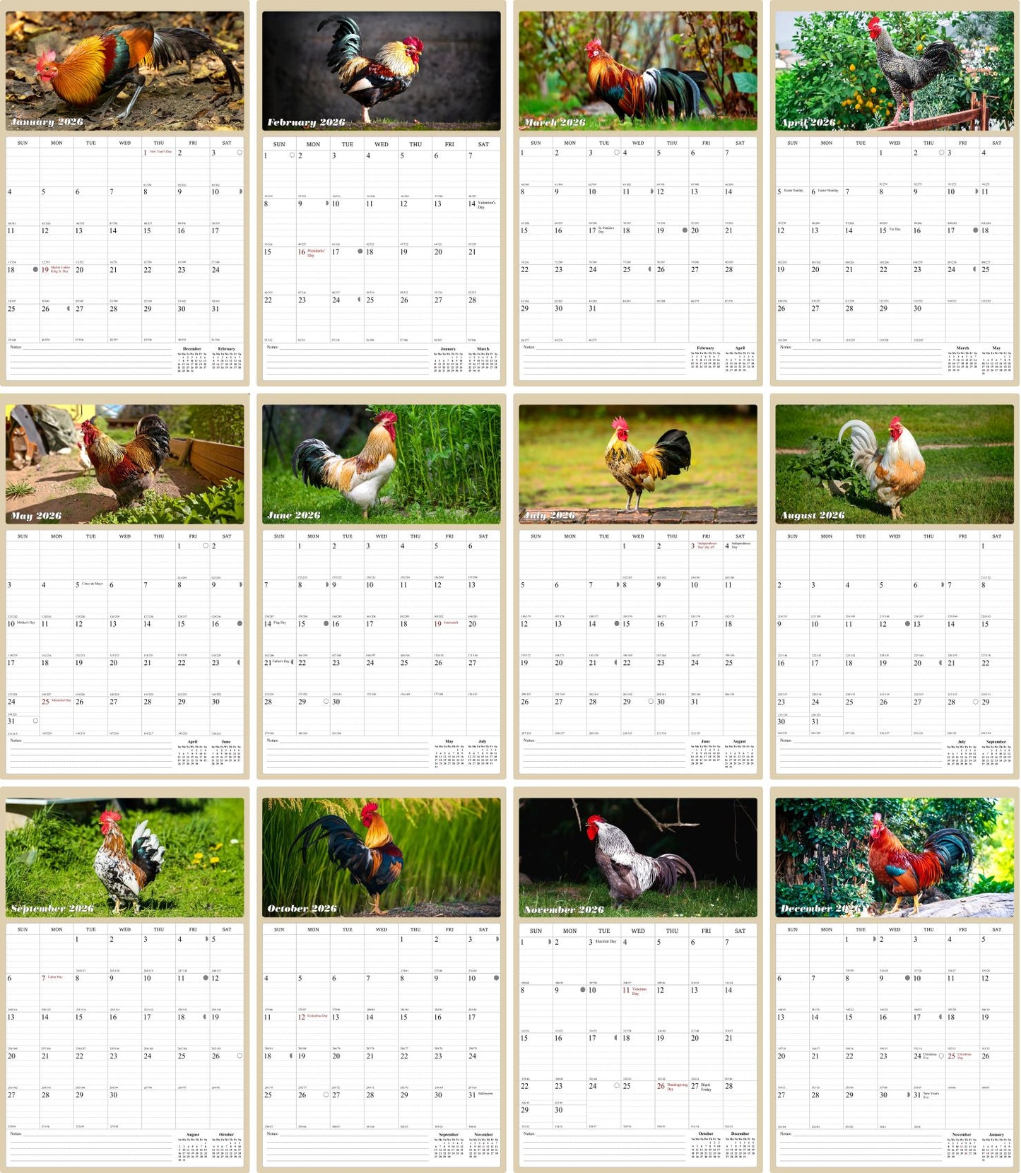 2026 Wall Calendar Spiral-bound Twin-Wire Binding - 12 Months Planner - Large Ruled Blocks with Julian Dates - (Roosters)