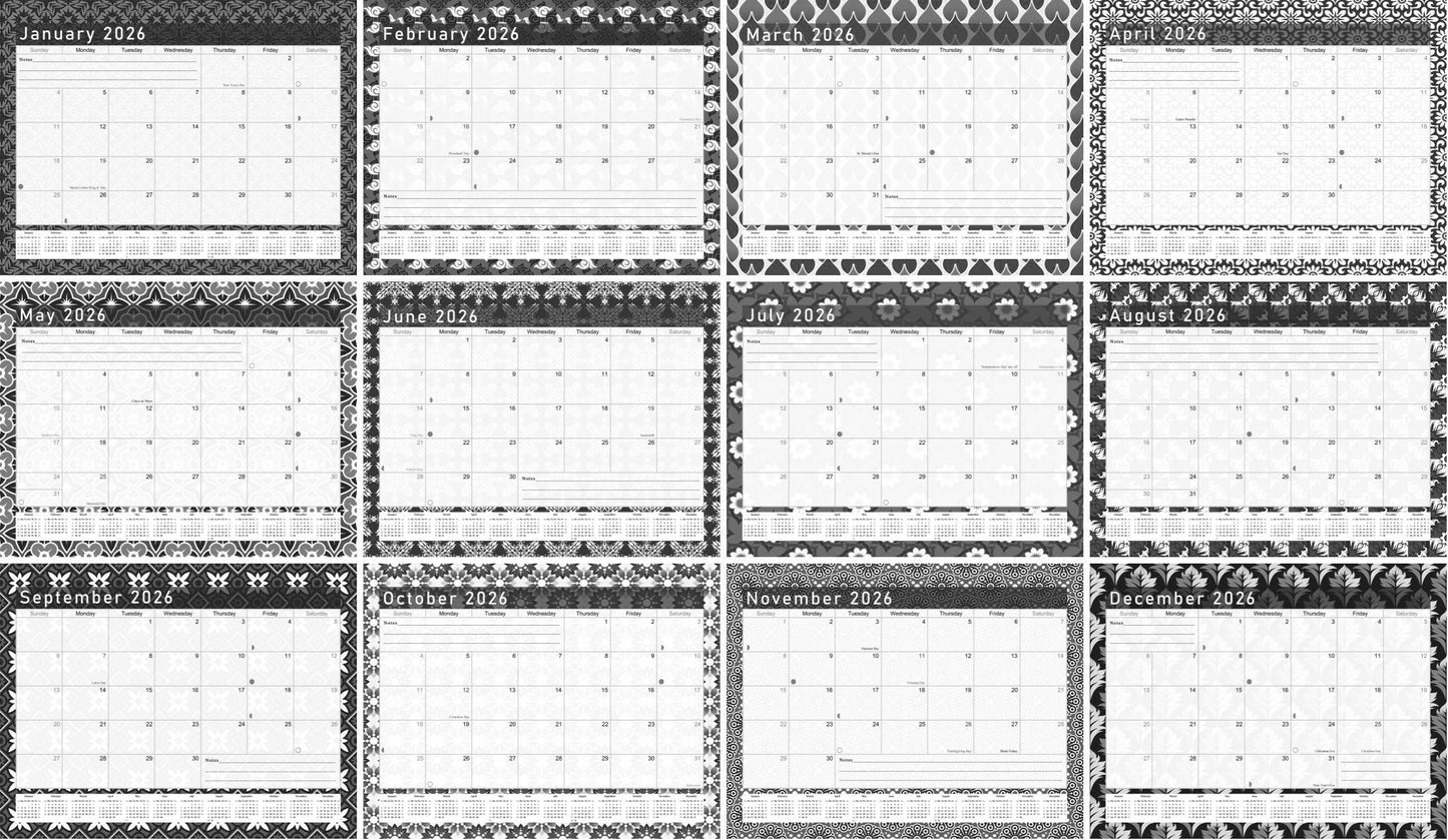 2025-2026 Monthly Spiral-Bound Wall/Desk Calendar - Desktop/Wall Blotter Calendar/Planner - (Edition B&W #017)