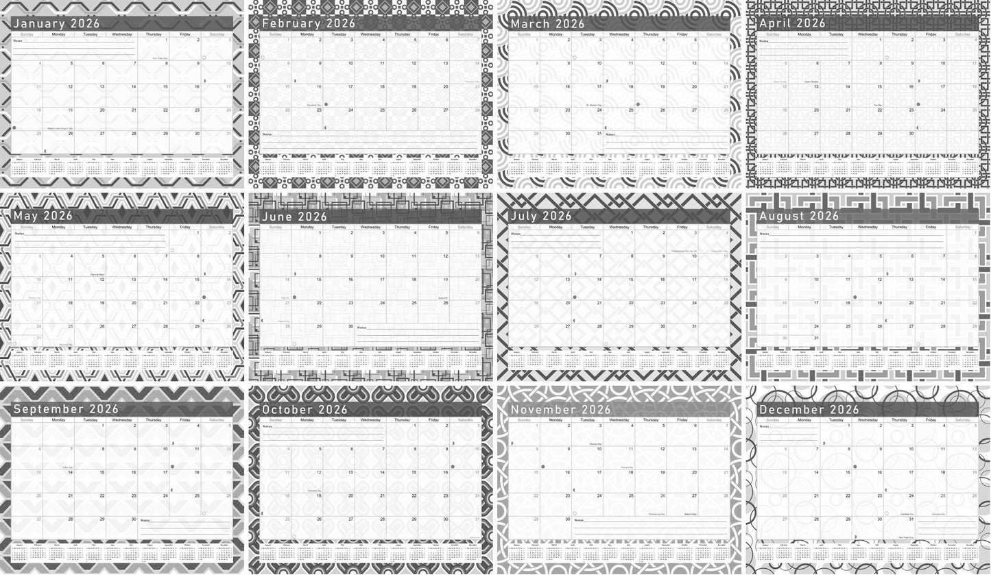 2025-2026 Monthly Spiral-Bound Wall/Desk Calendar - Desktop/Wall Blotter Calendar/Planner - (Edition Geometric B&W #04)