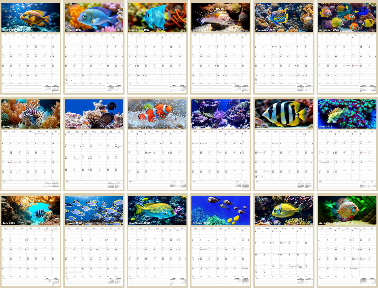 2025 - 2026 Wall Calendar Spiral-bound Twin-Wire Binding - 18 Months Planner - Large Ruled Blocks with Julian Dates - (Tropical Fishes)