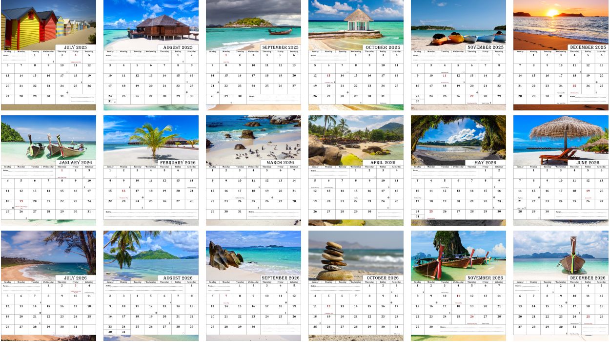 2025-2026 CD-Style Desk Calendar 18 Months Calendar (Beaches)