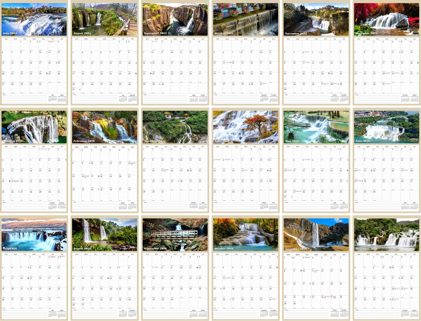 2025 - 2026 Wall Calendar Spiral-bound Twin-Wire Binding - 18 Months Planner - Large Ruled Blocks with Julian Dates - (Waterfalls)