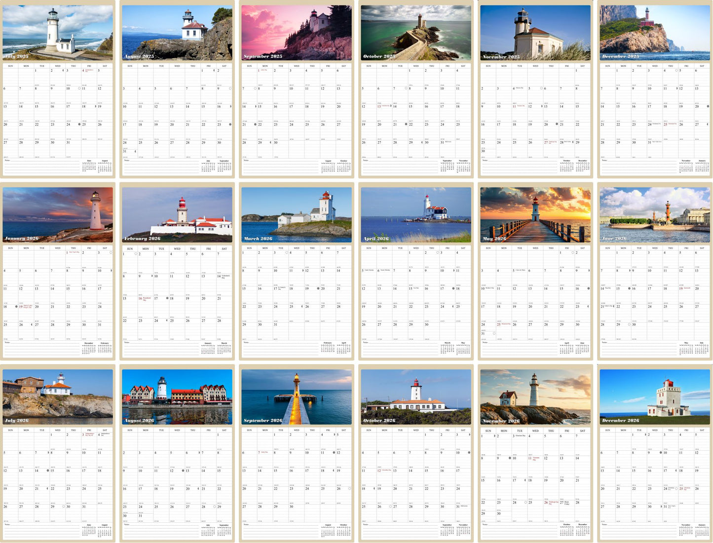 2025 - 2026 Wall Calendar Spiral-bound Twin-Wire Binding - 18 Months Planner - Large Ruled Blocks with Julian Dates - (Lighthouses)