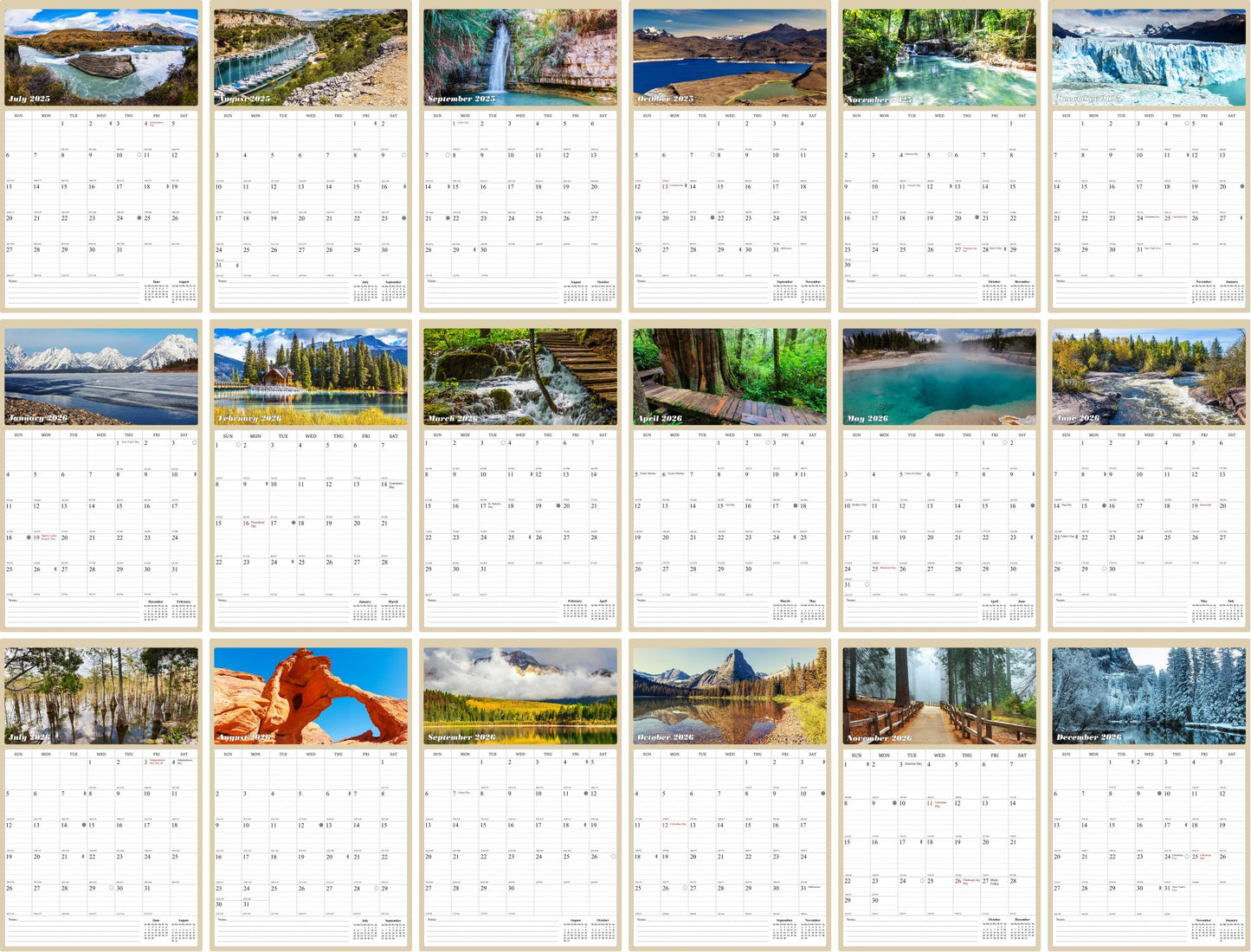 2025 - 2026 Wall Calendar Spiral-bound Twin-Wire Binding - 18 Months Planner - Large Ruled Blocks with Julian Dates - (National Parks)