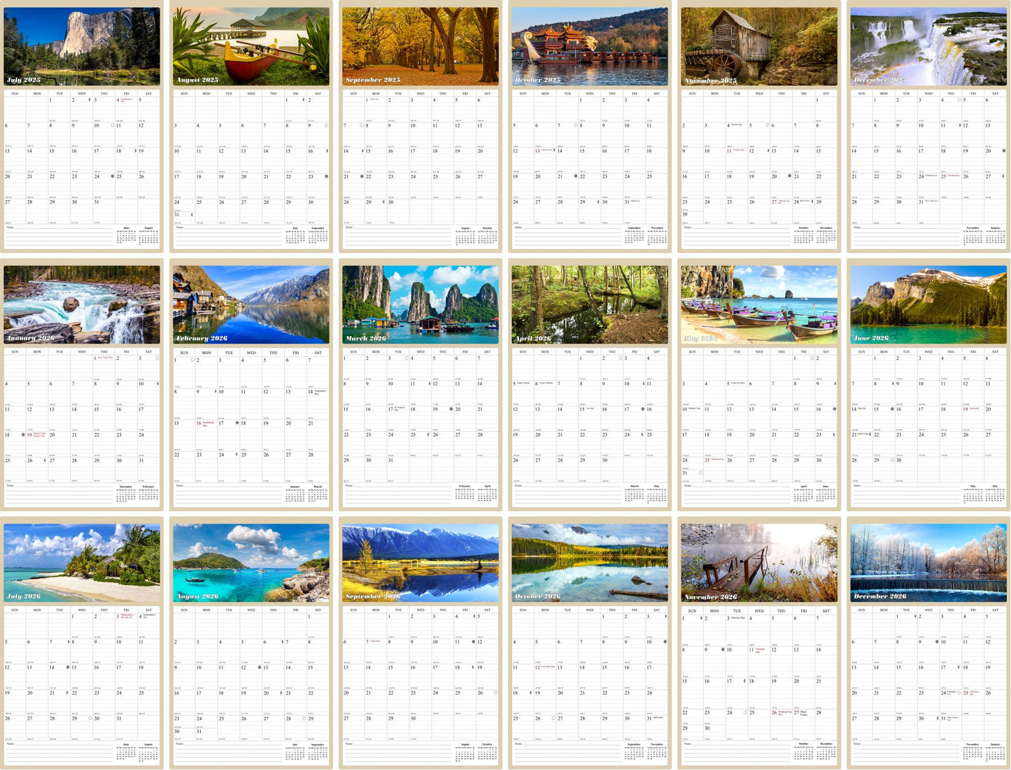2025 - 2026 Wall Calendar Spiral-bound Twin-Wire Binding - 18 Months Planner - Large Ruled Blocks with Julian Dates - (Outdoors)