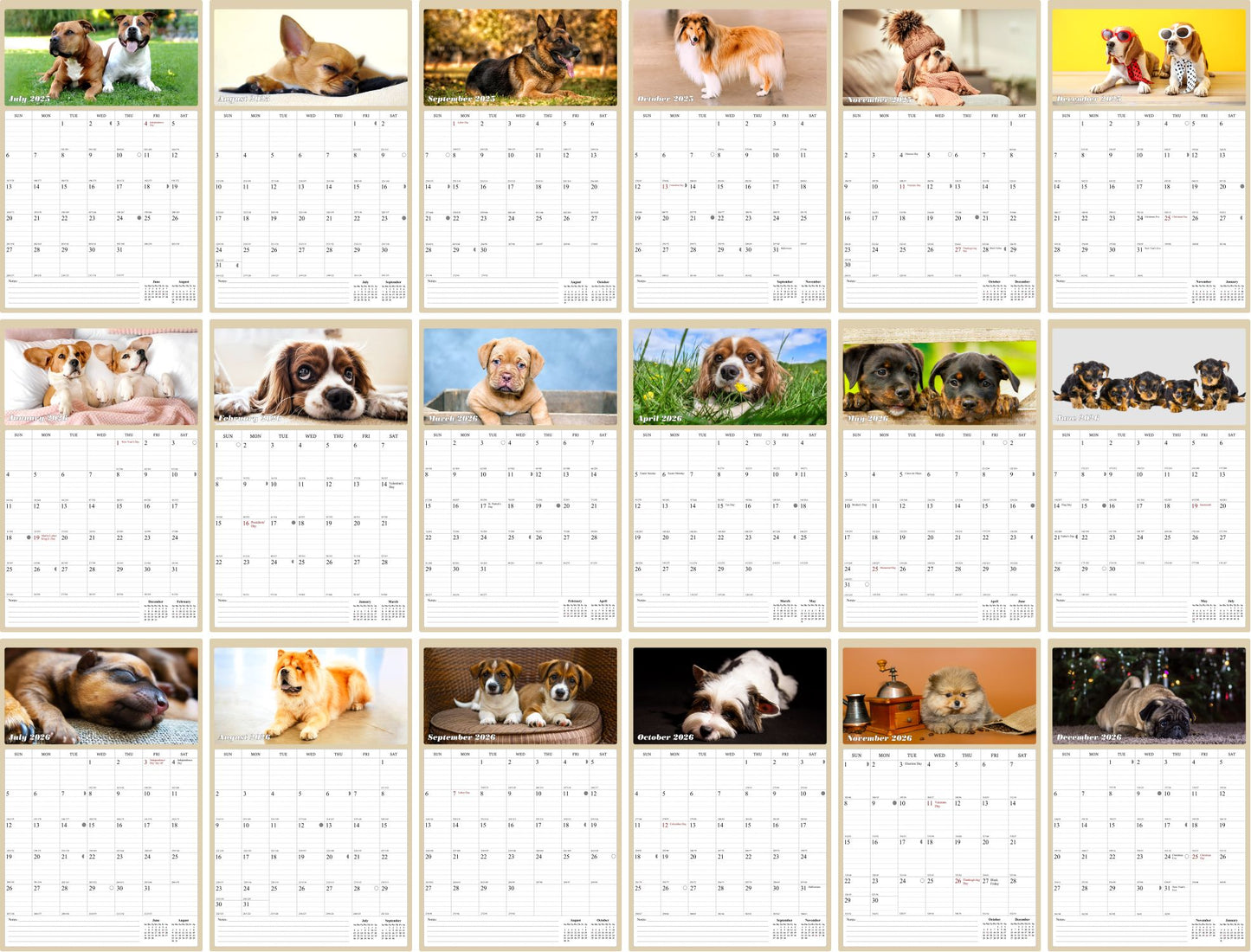 2025 - 2026 Wall Calendar Spiral-bound Twin-Wire Binding - 18 Months Planner - Large Ruled Blocks with Julian Dates - (Dogs)