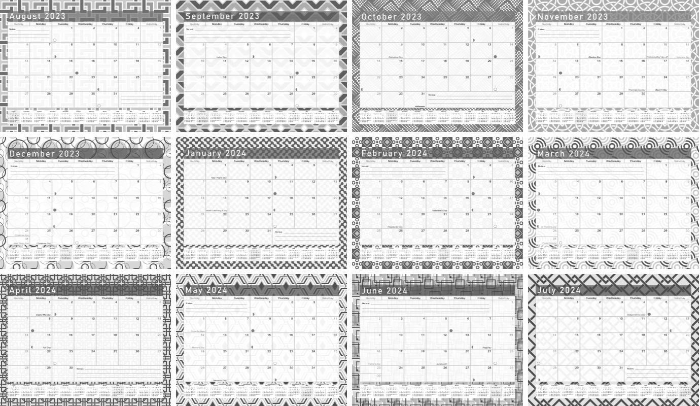 2023-2024 Academic Year 12 Months Student Calendar/Planner in Protective Sleeve for 3-Ring Binder, Desk or Wall - Black&White -v014