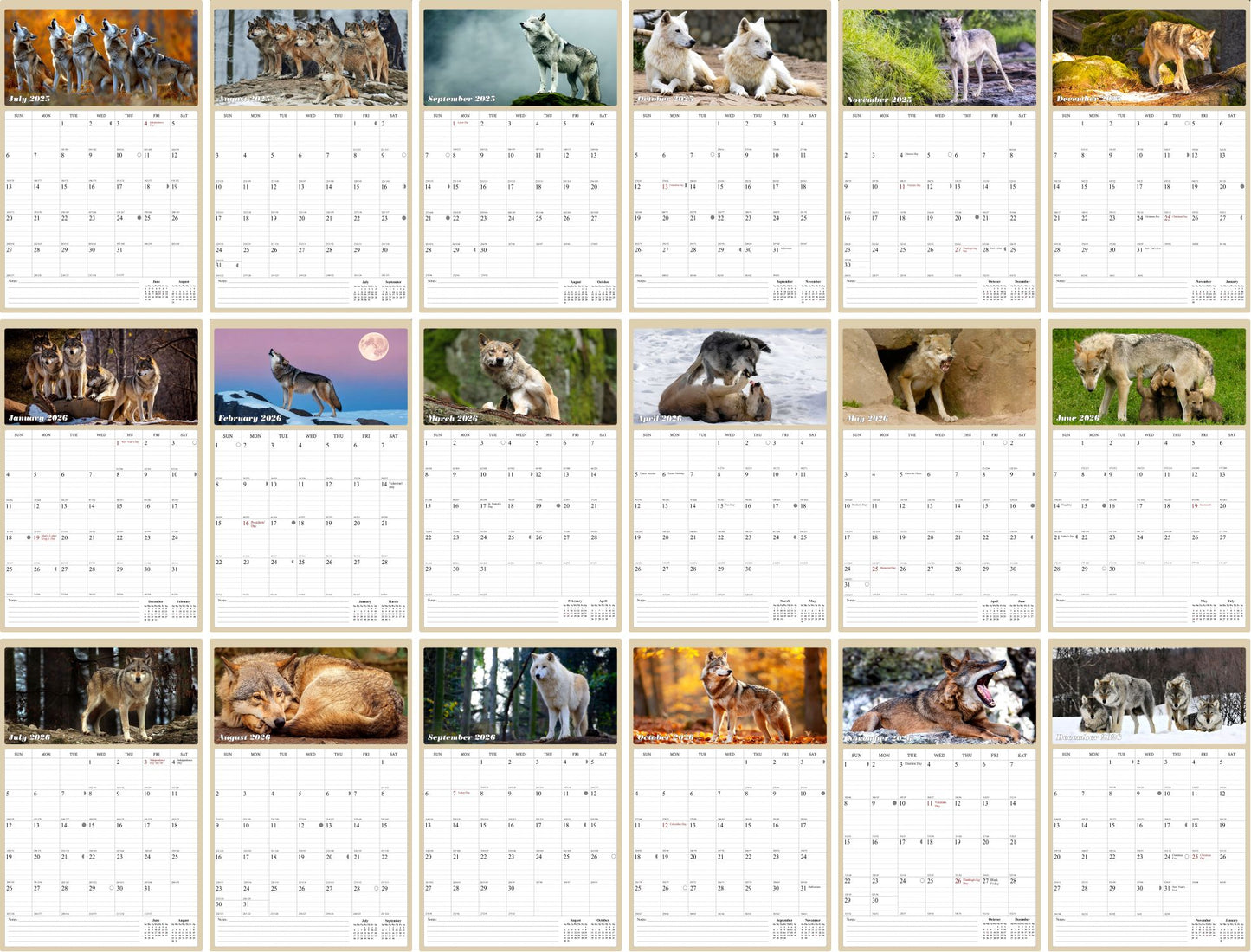 2026 Wall Calendar Spiral-bound Twin-Wire Binding - 12 Months Planner - Large Ruled Blocks with Julian Dates - (Woolfs)