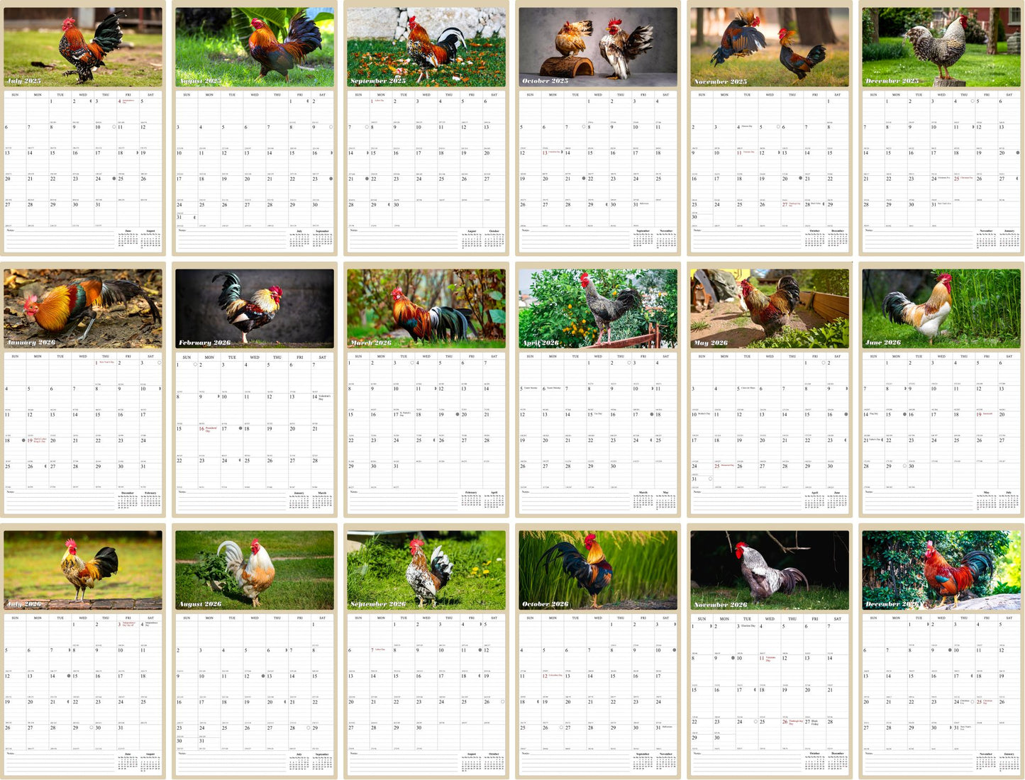 2025 - 2026 Wall Calendar Spiral-bound Twin-Wire Binding - 18 Months Planner - Large Ruled Blocks with Julian Dates - (Roosters)