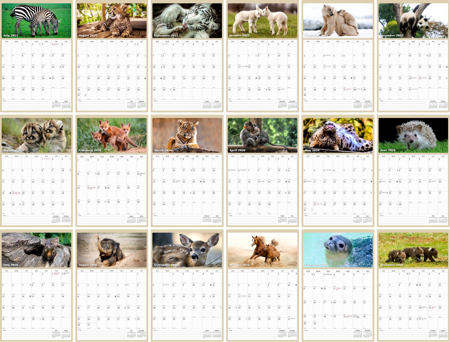 2025 - 2026 Wall Calendar Spiral-bound Twin-Wire Binding - 18 Months Planner - Large Ruled Blocks with Julian Dates - (Baby Animals)