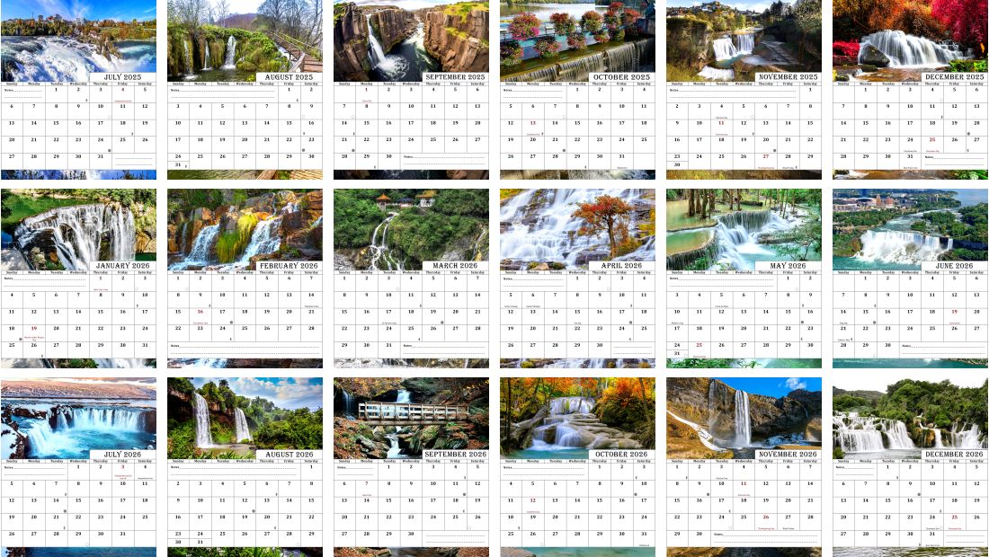 2025-2026 CD-Style Desk Calendar 18 Months Calendar (Waterfalls)
