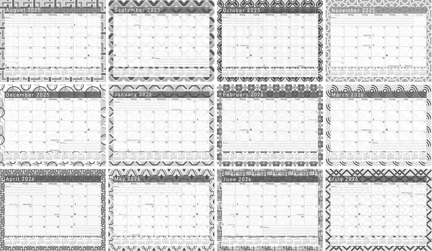 2025 - 2026 Academic Year 12 Months Student Calendar 3-Ring Binder - Back&White - (Edition #014)