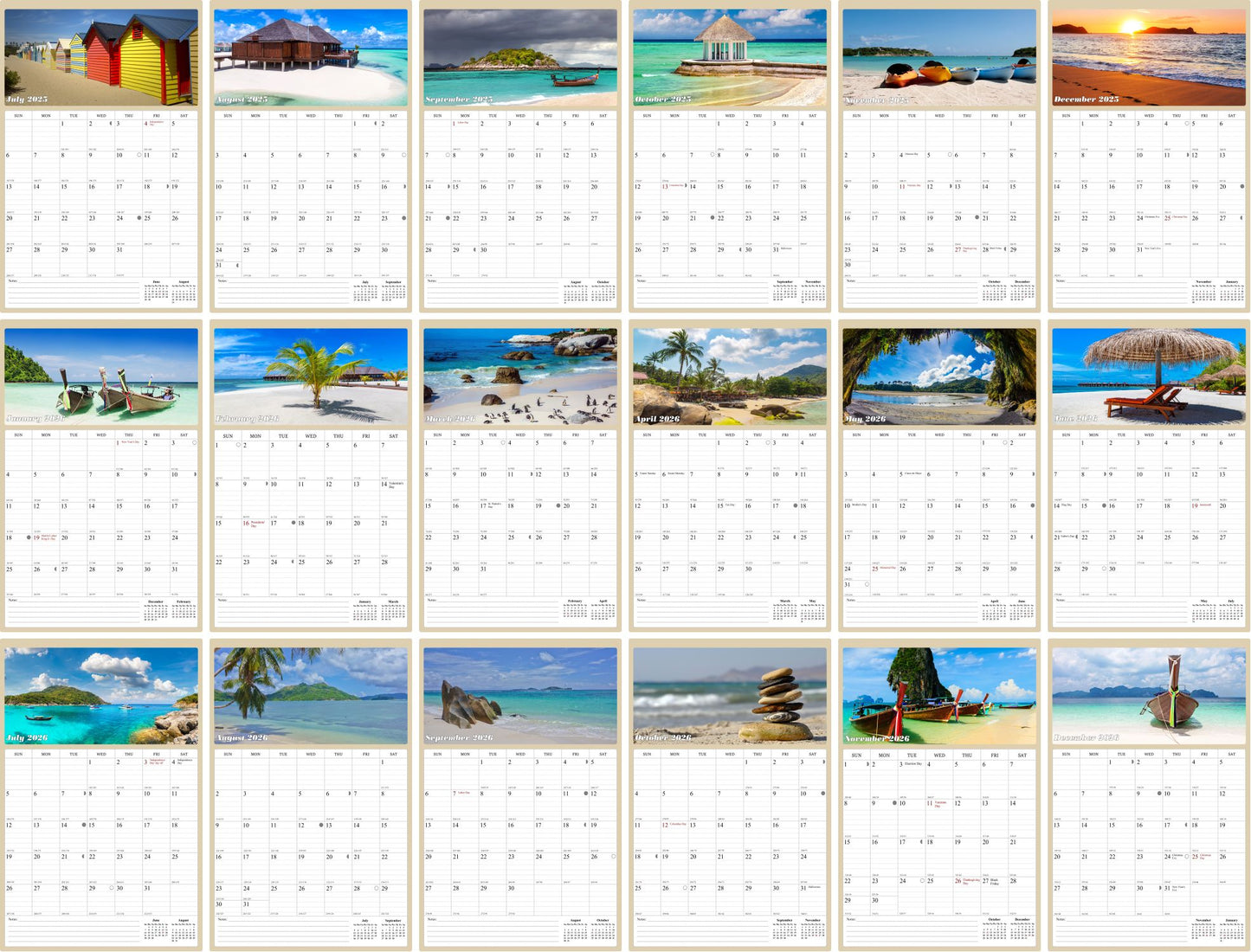 2025 - 2026 Wall Calendar Spiral-bound Twin-Wire Binding - 18 Months Planner - Large Ruled Blocks with Julian Dates - (Beaches)