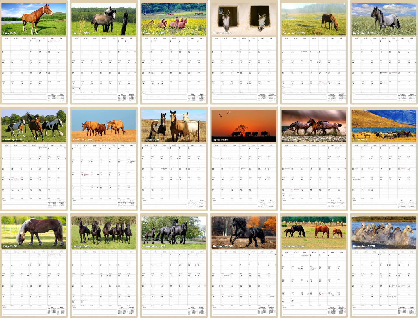 2025 - 2026 Wall Calendar Spiral-bound Twin-Wire Binding - 18 Months Planner - Large Ruled Blocks with Julian Dates - (Horses)