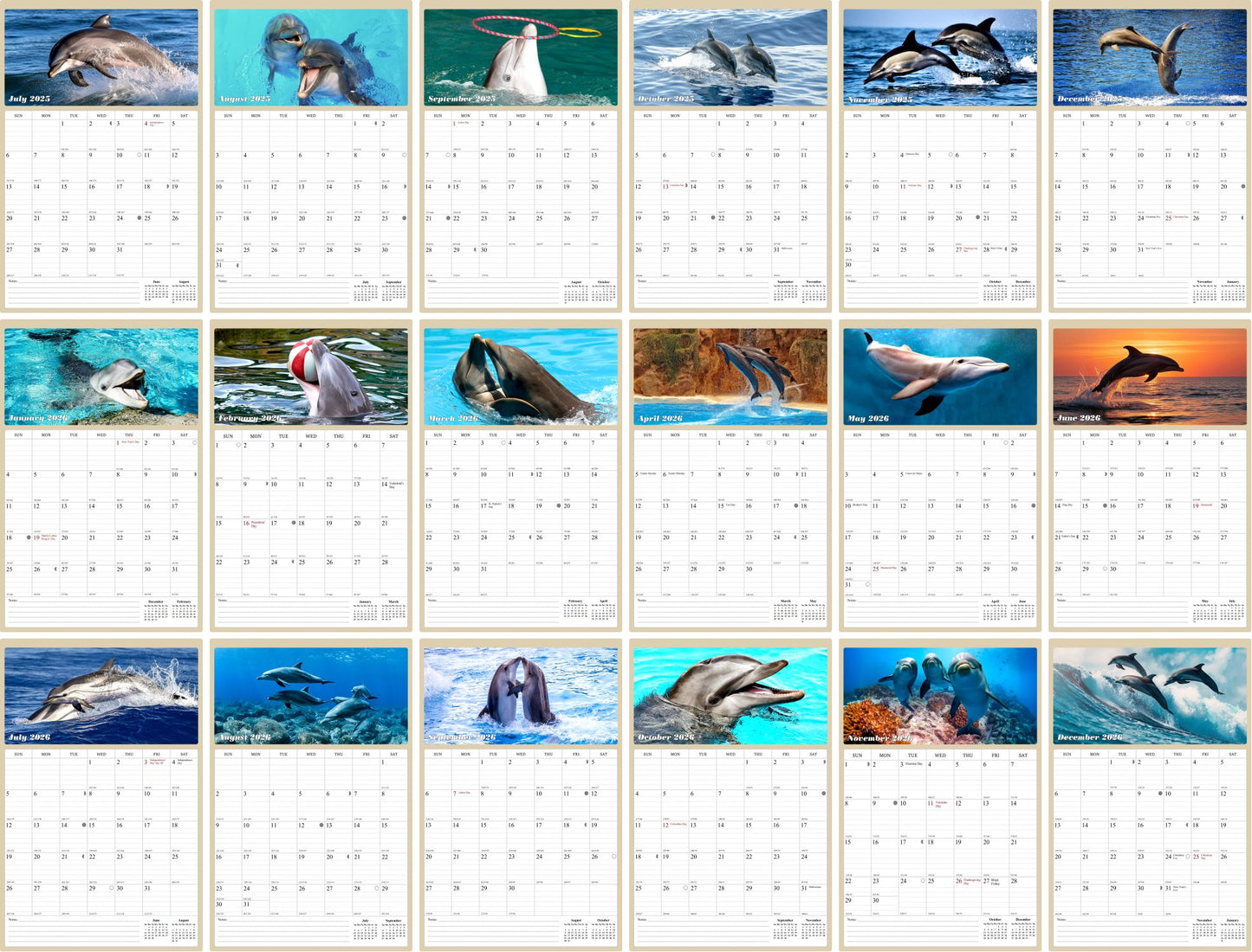 2025 - 2026 Wall Calendar Spiral-bound Twin-Wire Binding - 18 Months Planner - Large Ruled Blocks with Julian Dates - (Dolphins)