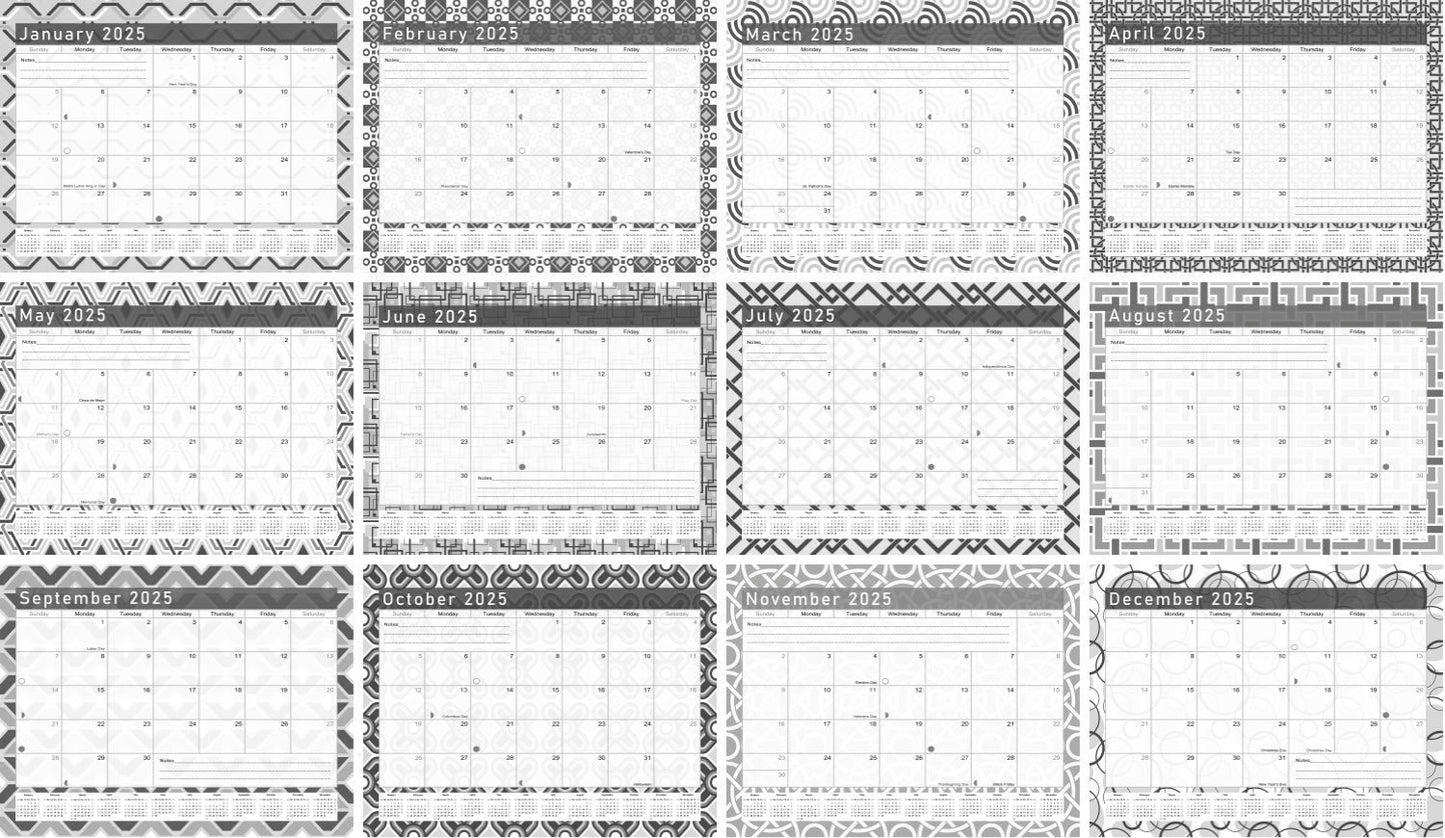 2024 - 2025 Student Calendar/Planner for 3-Ring Binder, Desk, or Wall - Black&White -v004