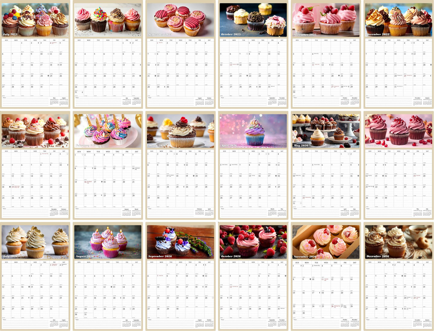 2025 - 2026 Wall Calendar Spiral-bound Twin-Wire Binding - 18 Months Planner - Large Ruled Blocks with Julian Dates - (Cupcakes)