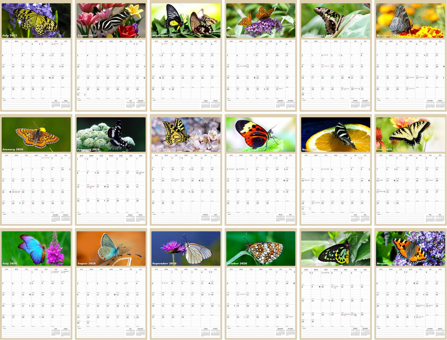 2025 - 2026 Wall Calendar Spiral-bound Twin-Wire Binding - 18 Months Planner - Large Ruled Blocks with Julian Dates - (Buterflyes)