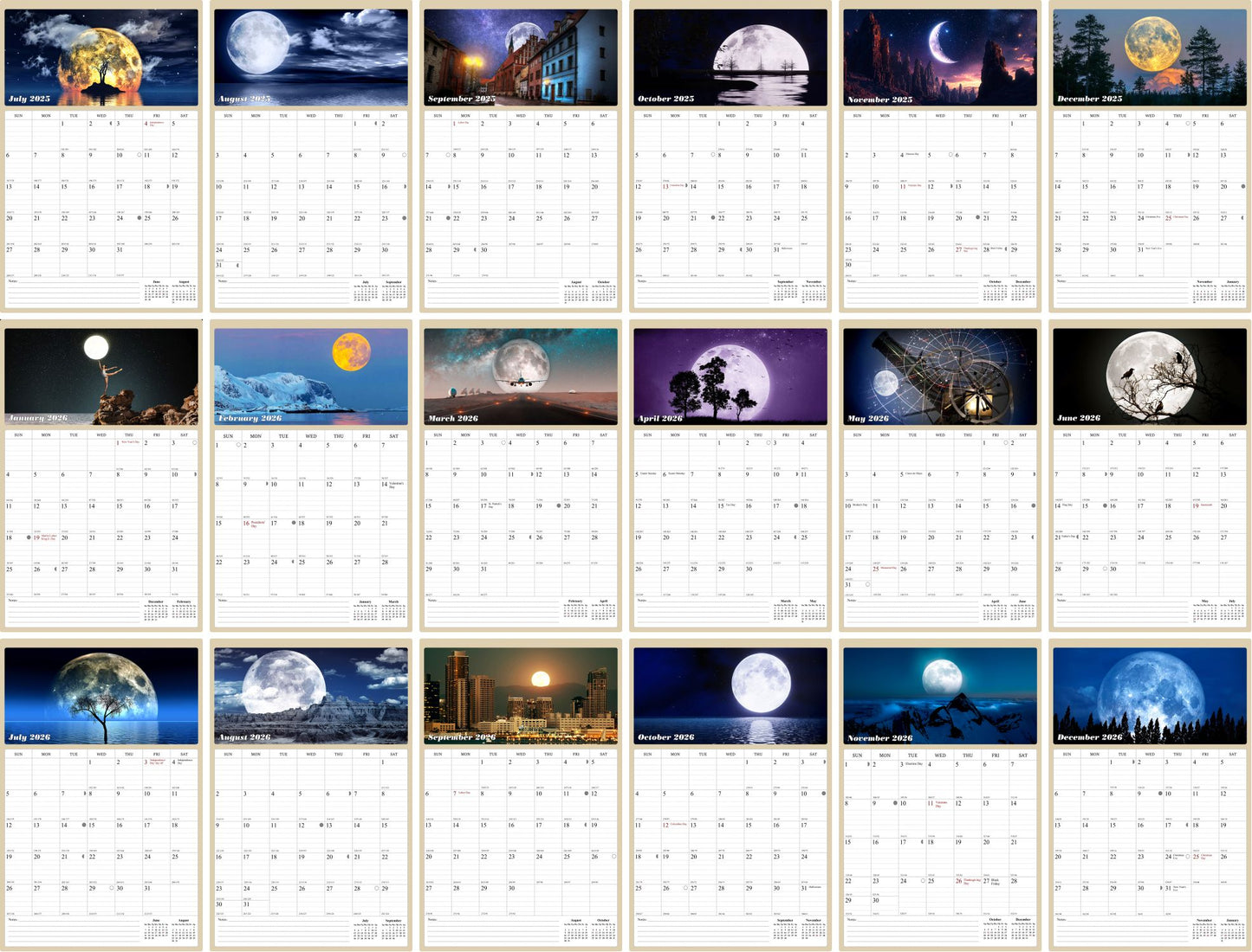 2025 - 2026 Wall Calendar Spiral-bound Twin-Wire Binding - 18 Months Planner - Large Ruled Blocks with Julian Dates - (Lunar)