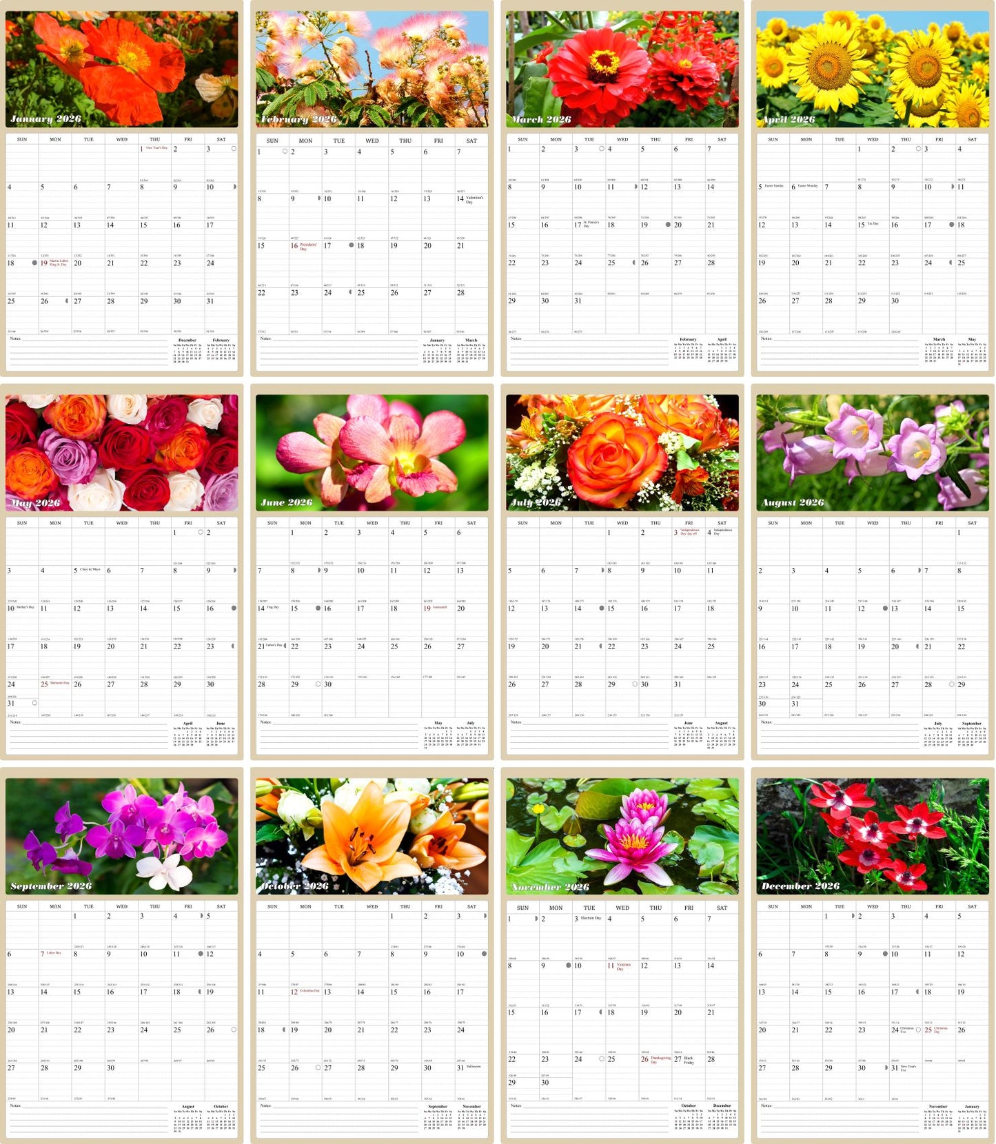 2026 Wall Calendar Spiral-bound Twin-Wire Binding - 12 Months Planner - Large Ruled Blocks with Julian Dates - (Flowers)